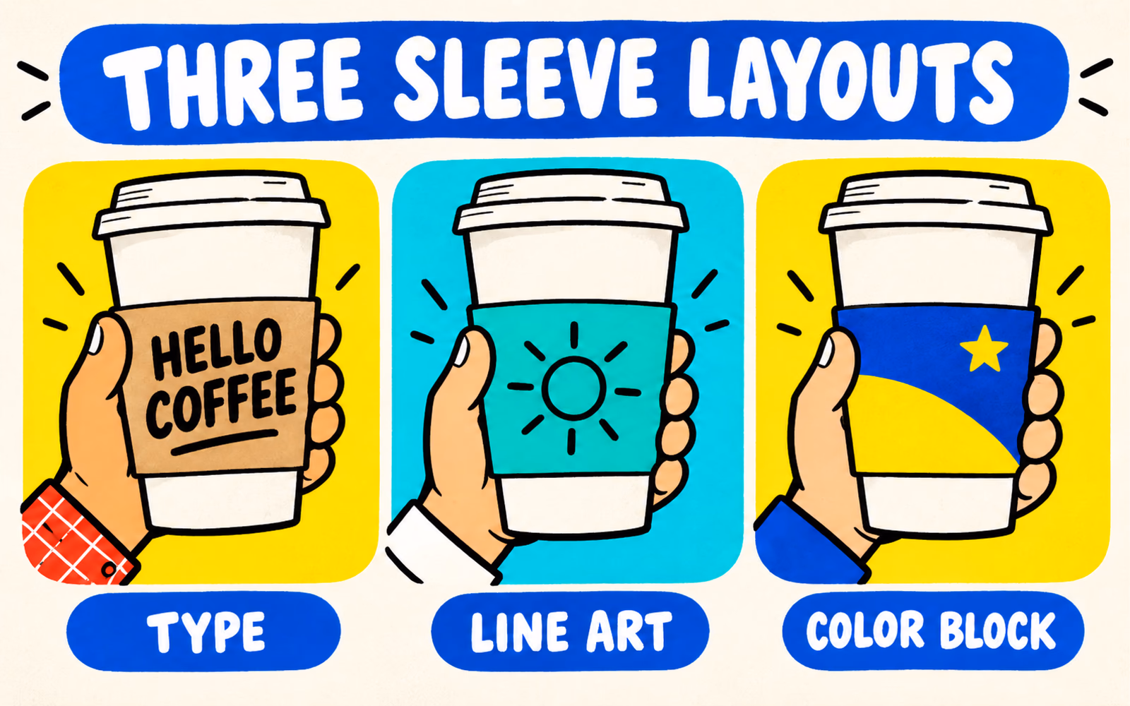 Three white cups held by simple cartoon hands wear typography, line-illustration, and color-block sleeves.