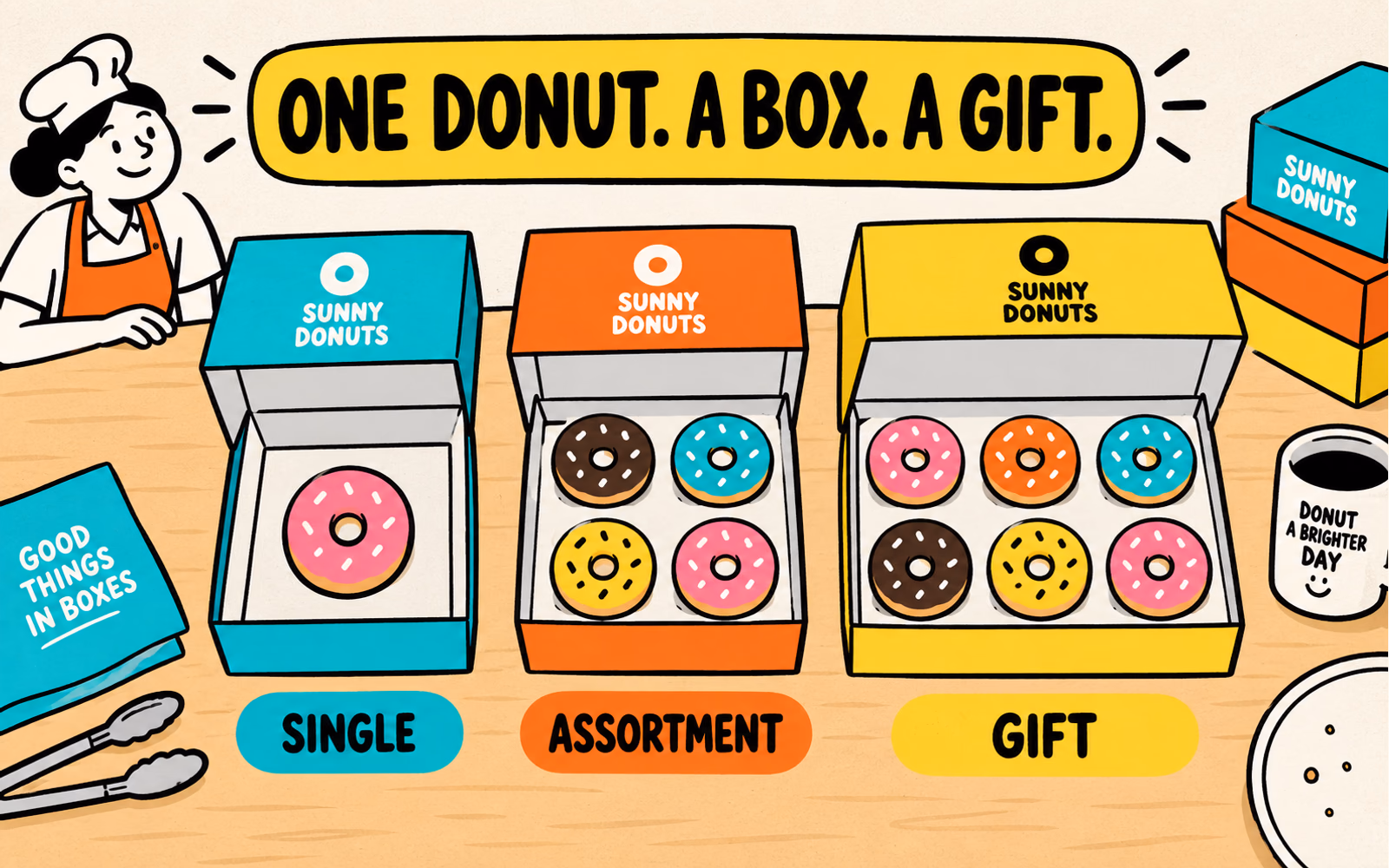 A cartoon baker presents three original Sunny Donuts boxes with one, four, and six spaced ring donuts in unprinted interiors.