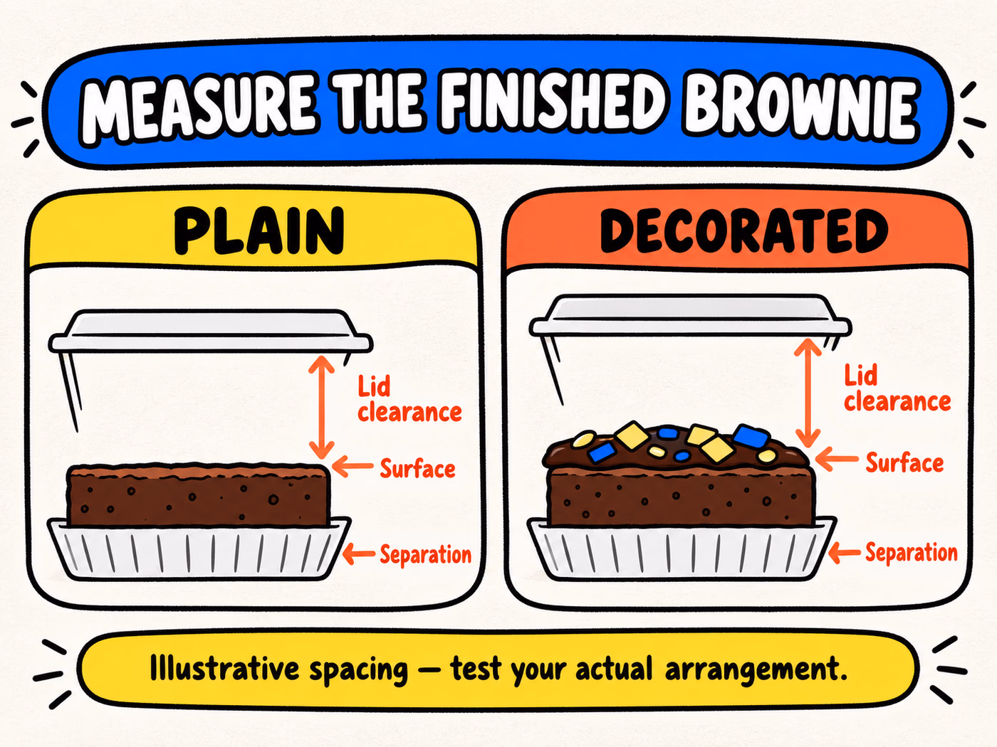 Plain and decorated brownie side views identify surface, separation, and lid clearance, with a reminder to test the actual arrangement.