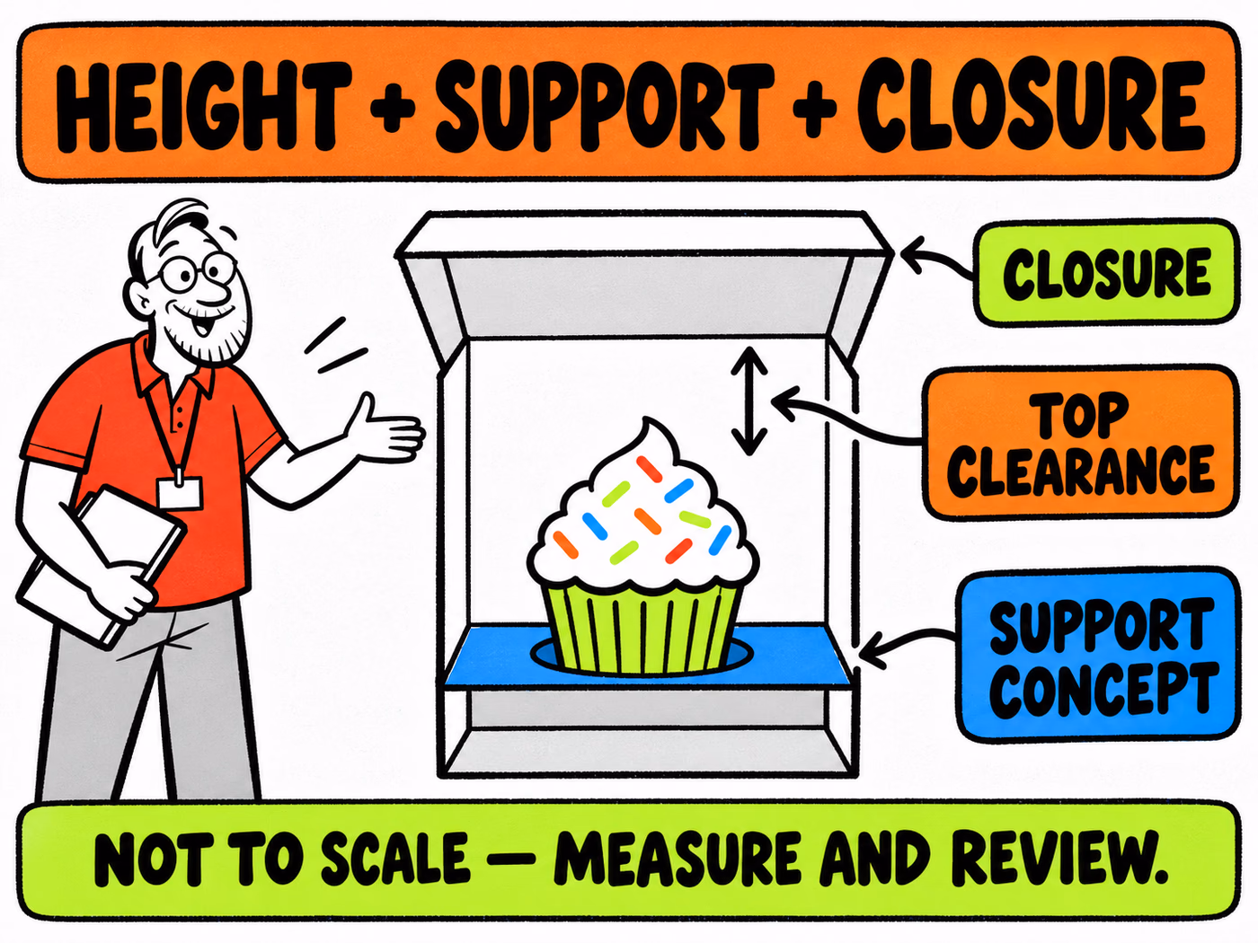Conceptual cupcake box section identifies top clearance, a support concept and closure around the finished decorated item.