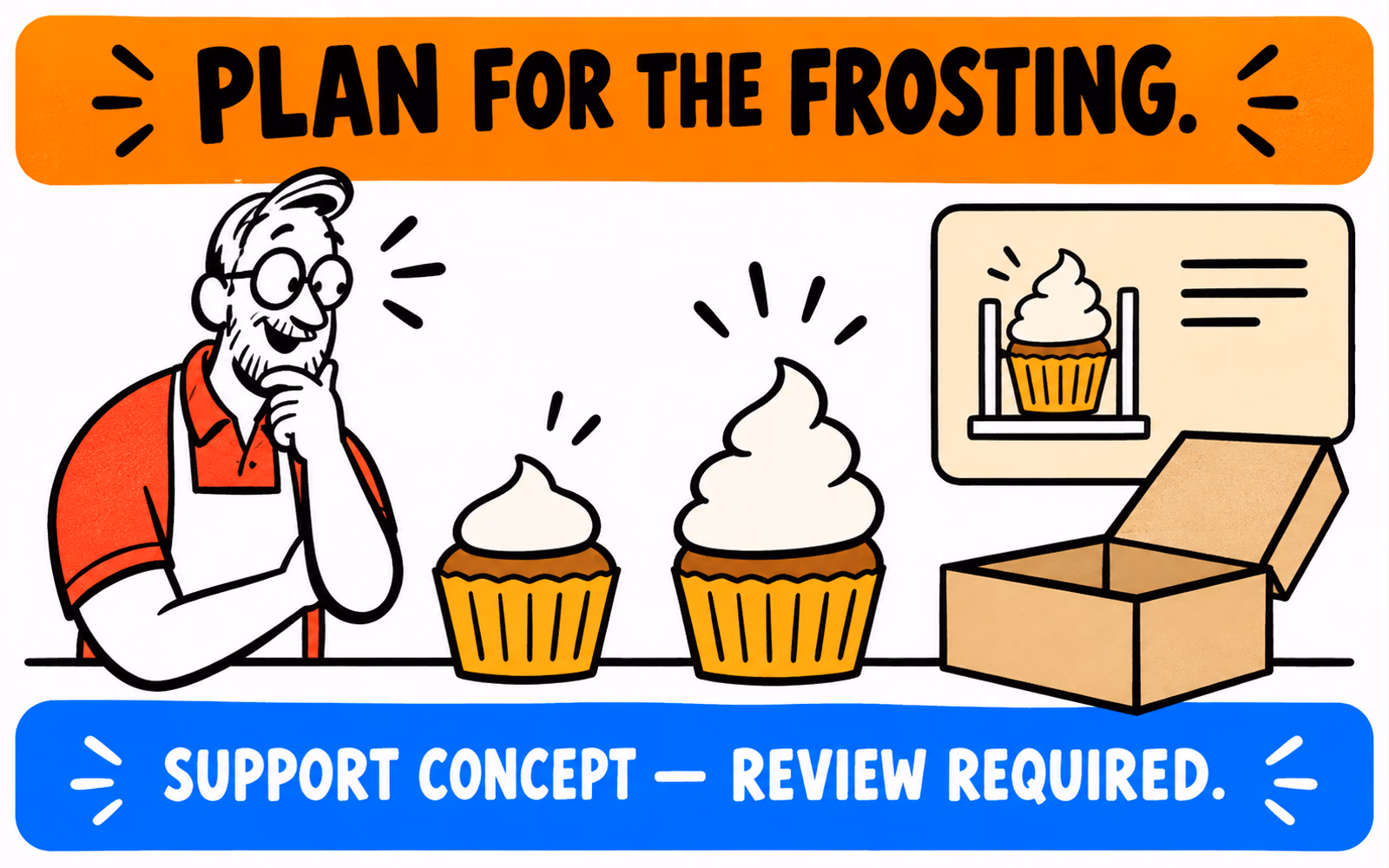 Cartoon baker studies cupcakes of different frosting heights beside an open box and a conceptual support panel.
