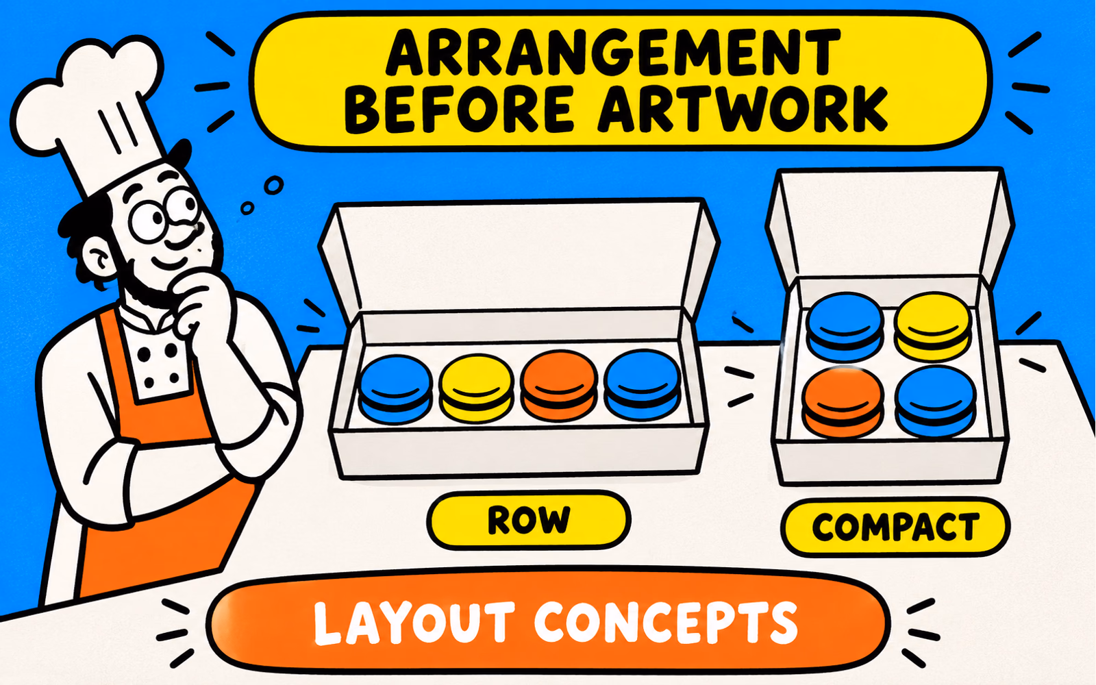 Cartoon baker compares original macaron box concepts with a row arrangement and a compact grid.
