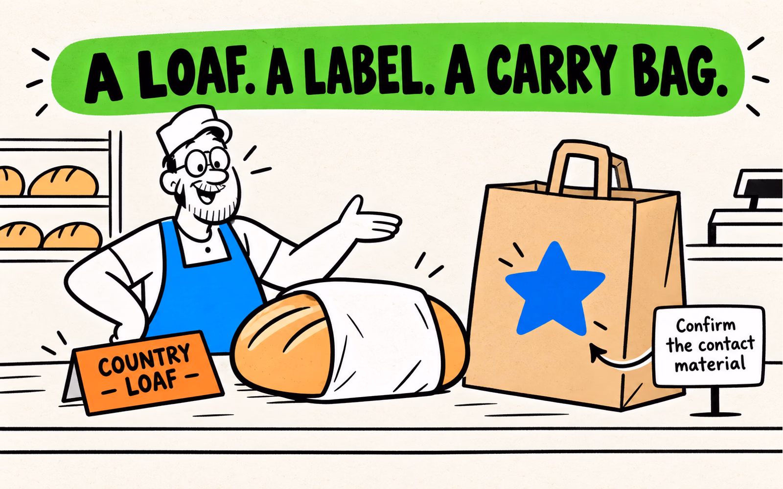 Cartoon baker at a microbakery counter with a partially wrapped loaf, Country Loaf variety sign, and separate paper carry bag with a blue star.
