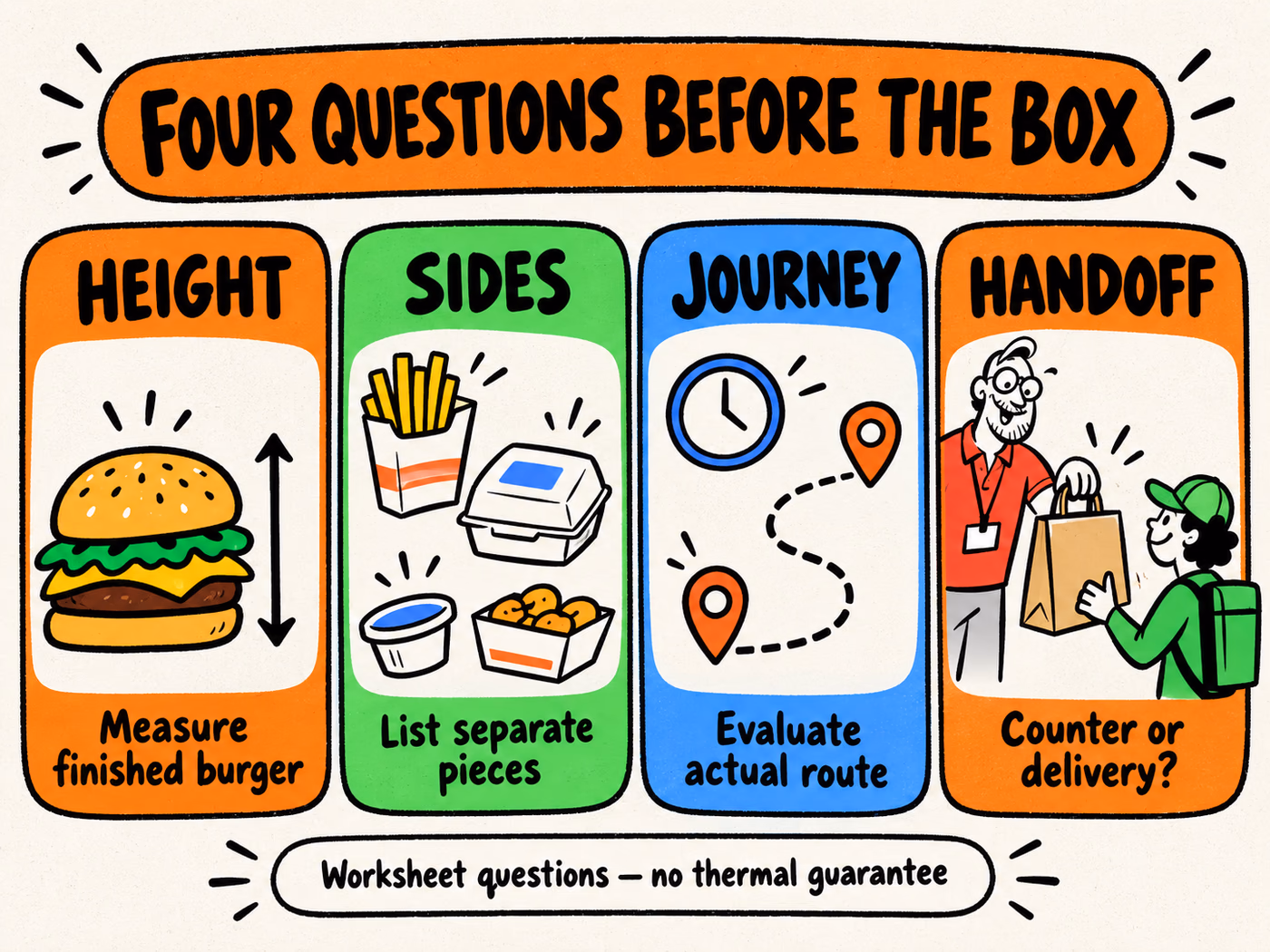 Four burger order questions cover finished height, separately packed sides, actual journey, and counter or delivery handoff, without a thermal guarantee.