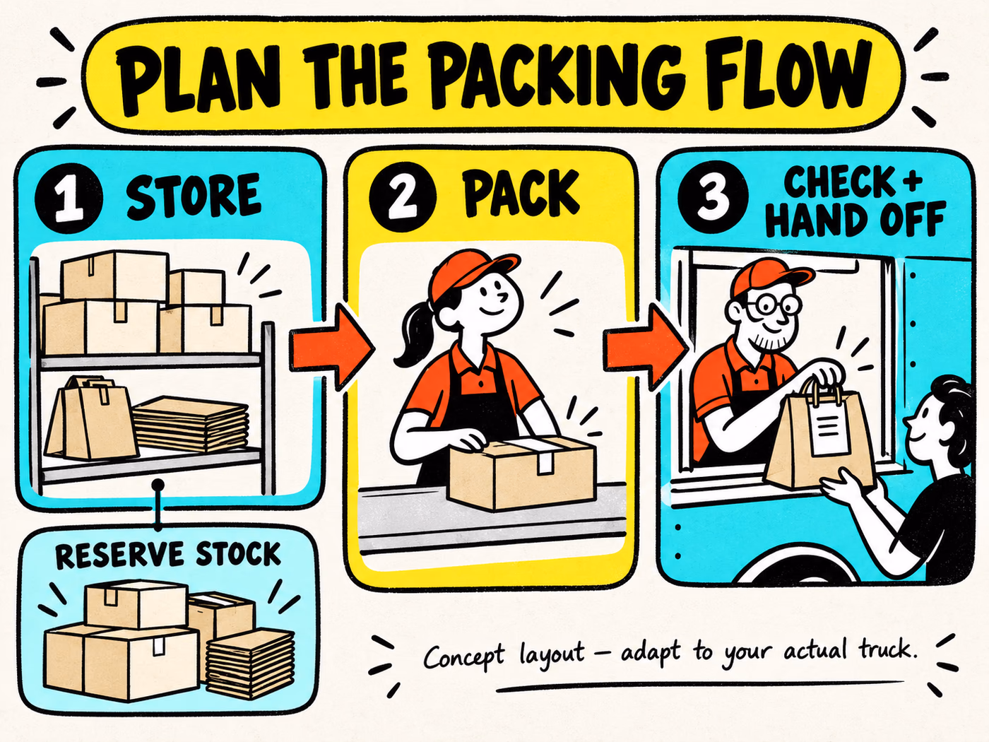 Three conceptual food truck steps move from storage to packing to checking and handoff, with reserve stock shown separately.
