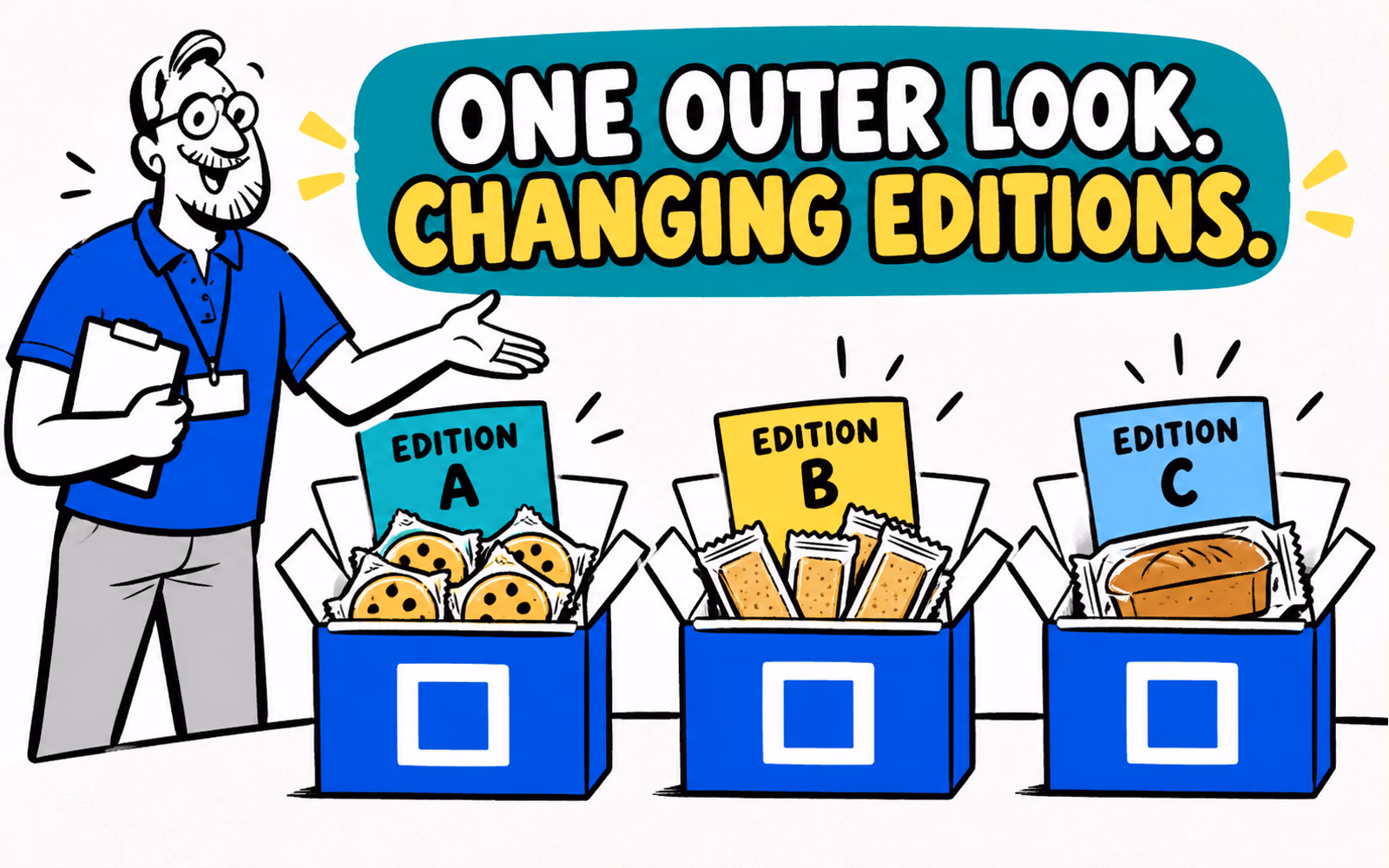 Three illustrated bakery subscription editions use matching outer boxes with different wrapped contents and edition-specific cards.