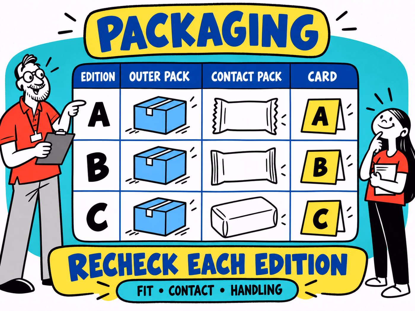 Three-edition matrix separates the outer pack, changing contact packs and versioned cards, with renewed fit, contact and handling checks.