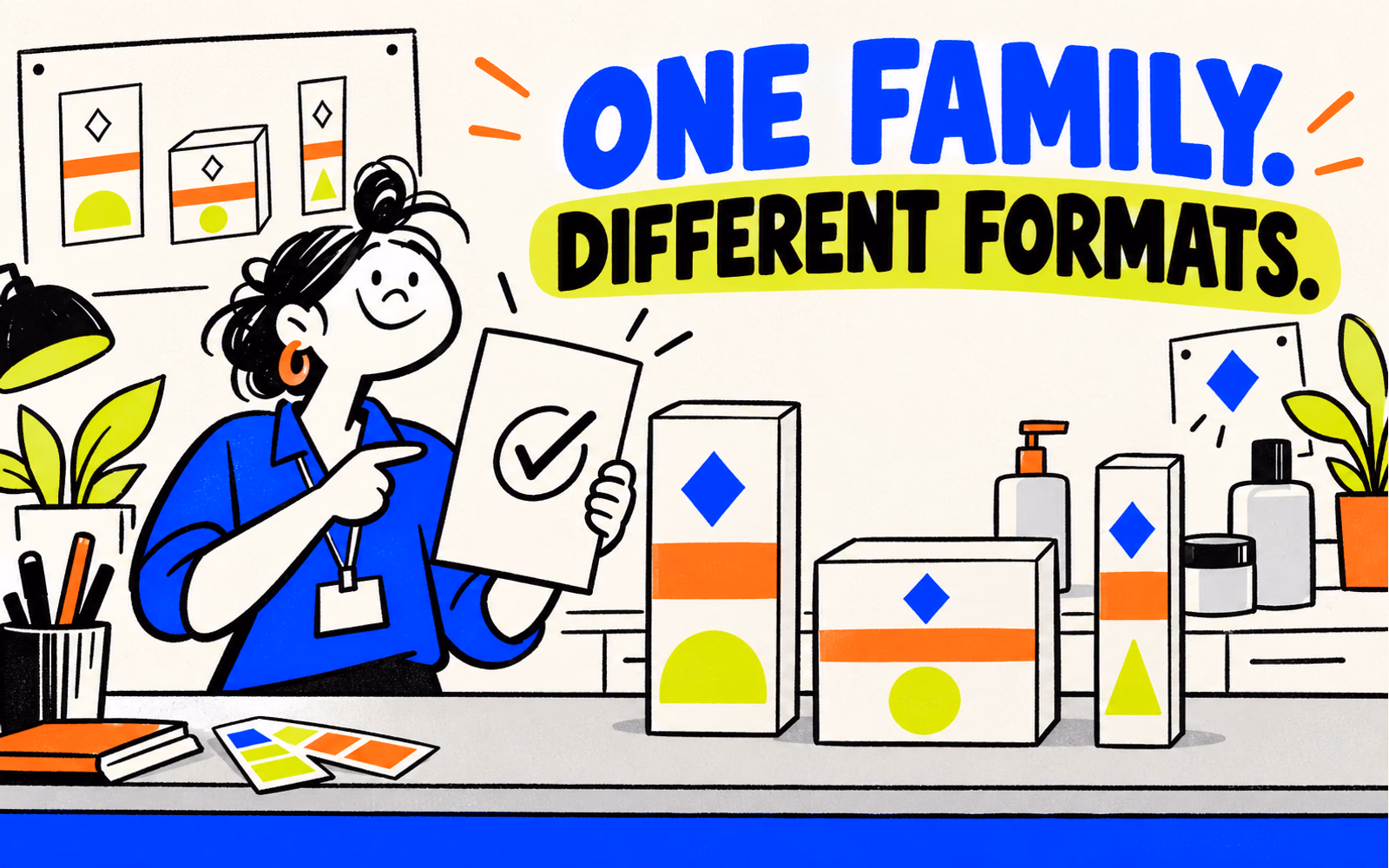 Cartoon beauty packaging designer arranges three original cartons of different proportions beside generic containers in blue, orange and lime yellow.