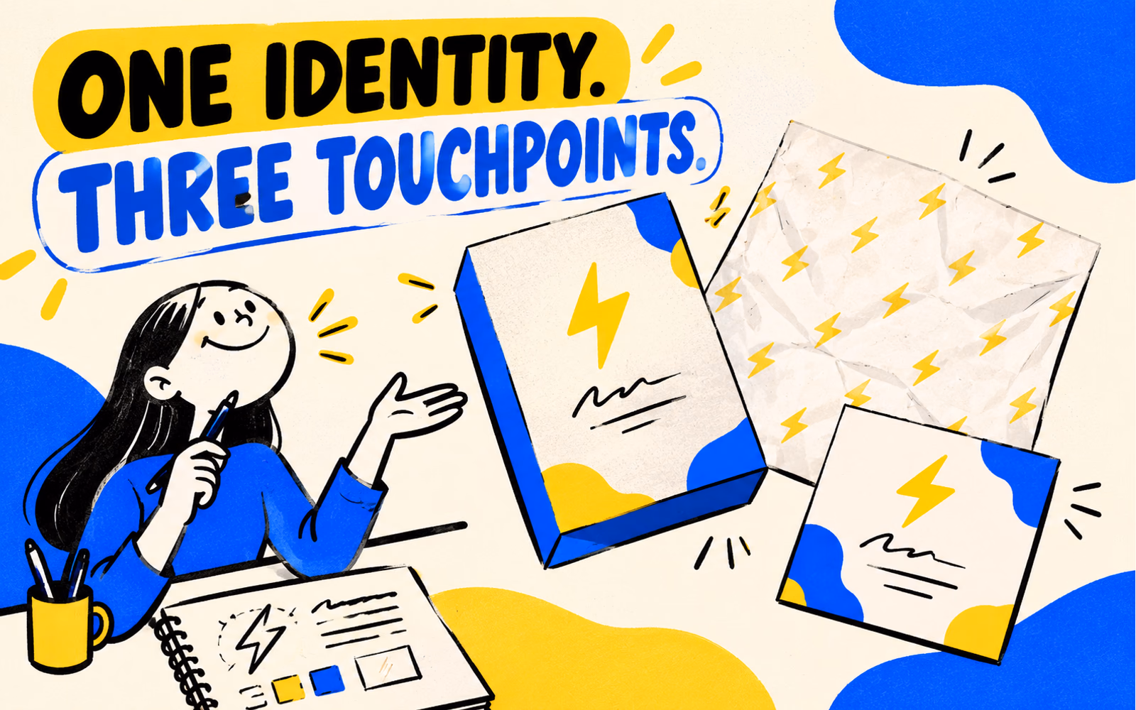 Cartoon designer coordinates an original blue and yellow cosmetic carton, tissue sheet and insert card using a shared lightning mark.