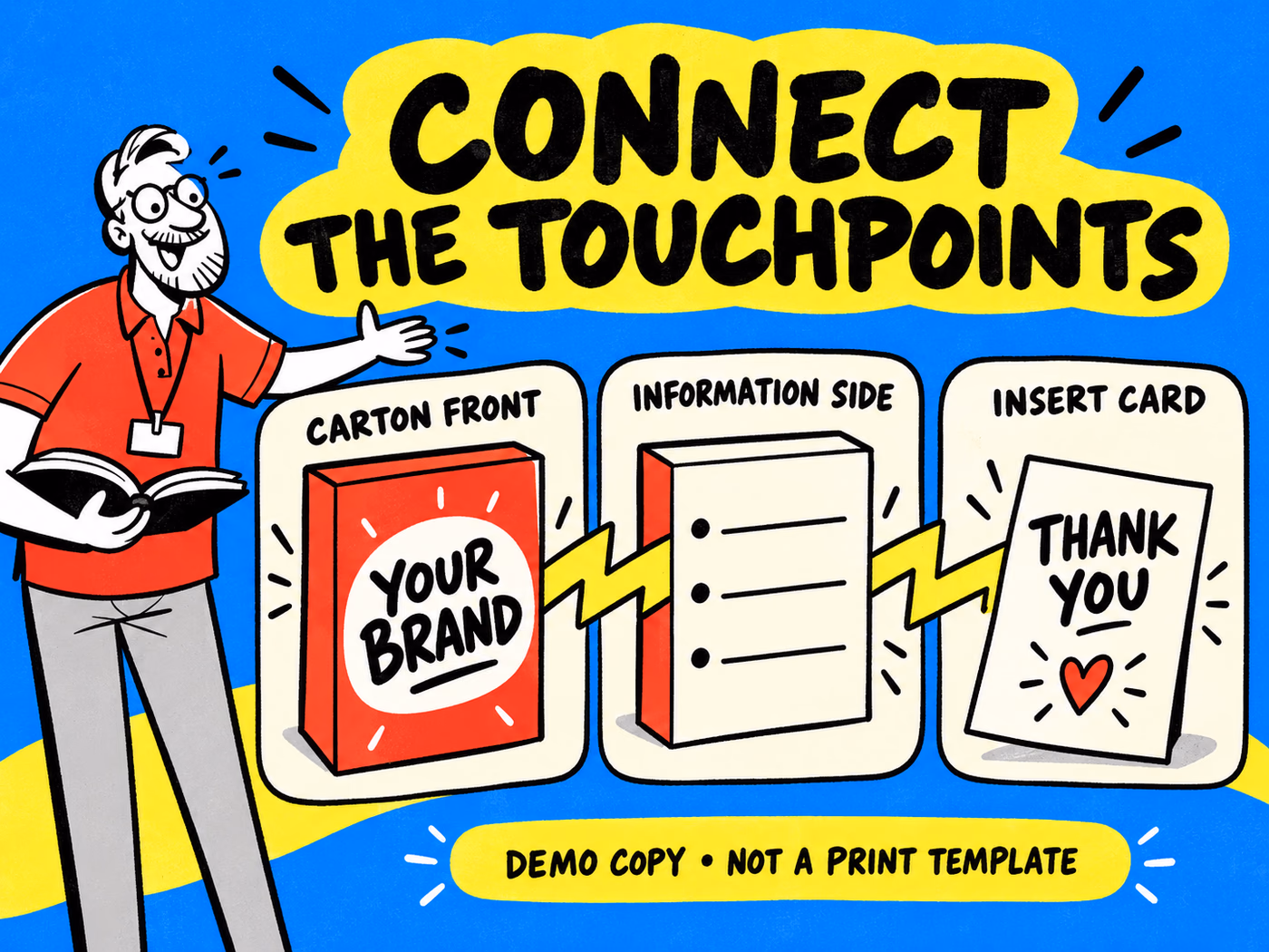 Carton Front, Information Side and Insert Card panels are connected by lightning-shaped arrows while reserving different spaces for identity, information and a message.