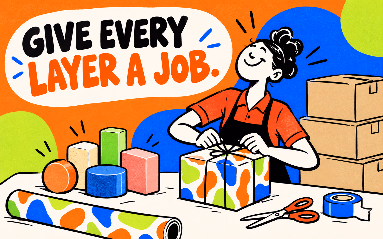 Cartoon gift packer arranges fictional solid cosmetics, closed cartons and original orange, blue and lime patterned decorative wrapping.