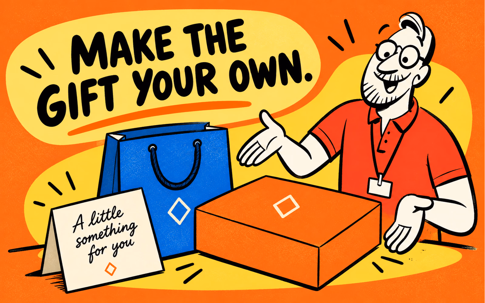 Cartoon gift giver presents an original orange gift box, cobalt carrying bag and cream message card with a geometric identity.
