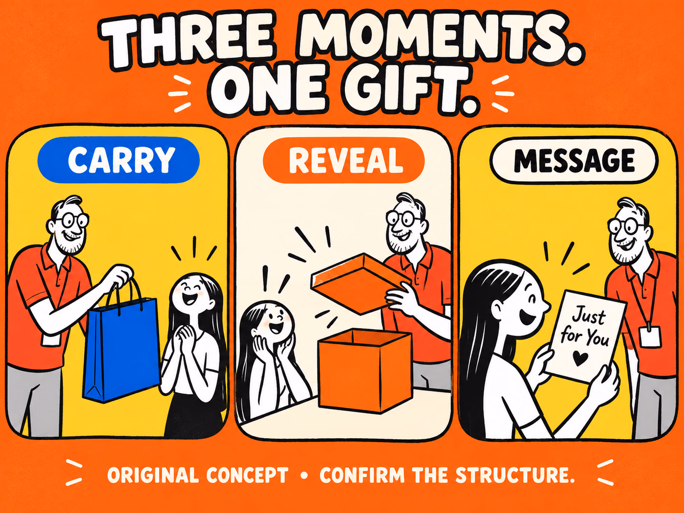 Three original gift panels separate Carry with a bag, Reveal with an orange box, and Message with a card.