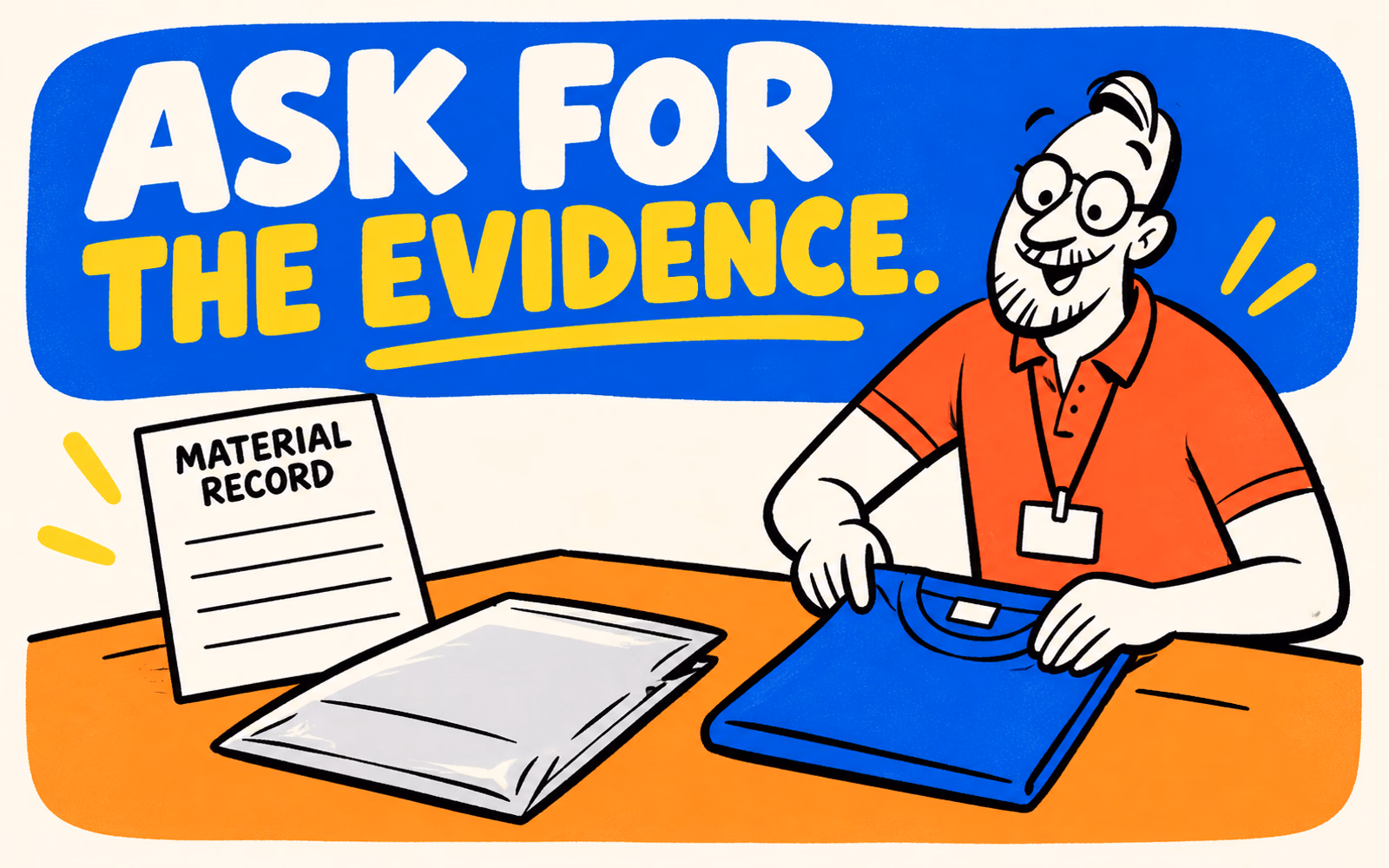 Cartoon apparel packer folds an unbranded blue shirt beside a neutral mailer and a blank material verification sheet.