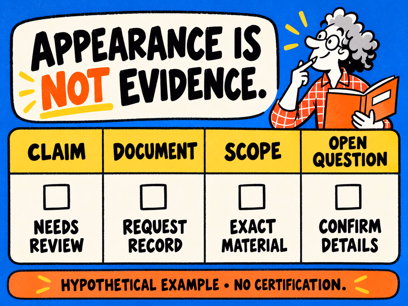 A hypothetical evidence table separates Claim, Document, Scope and Open Question with review prompts and empty checkboxes.