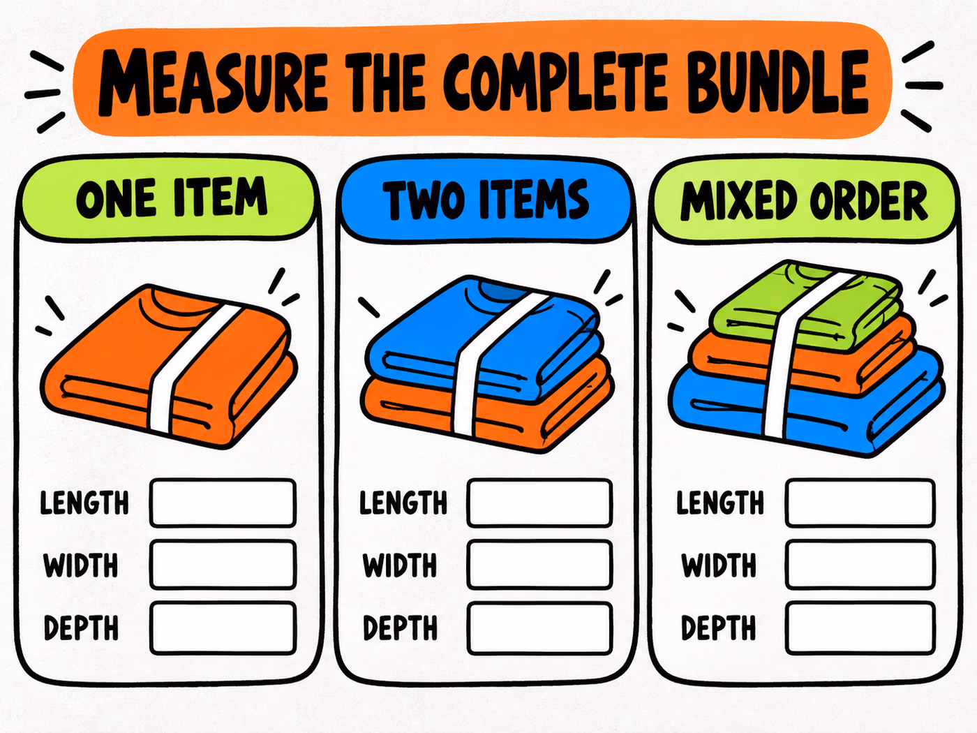 Three garment-order combinations show differently sized folded bundles with blank length, width and depth fields for actual measurements.