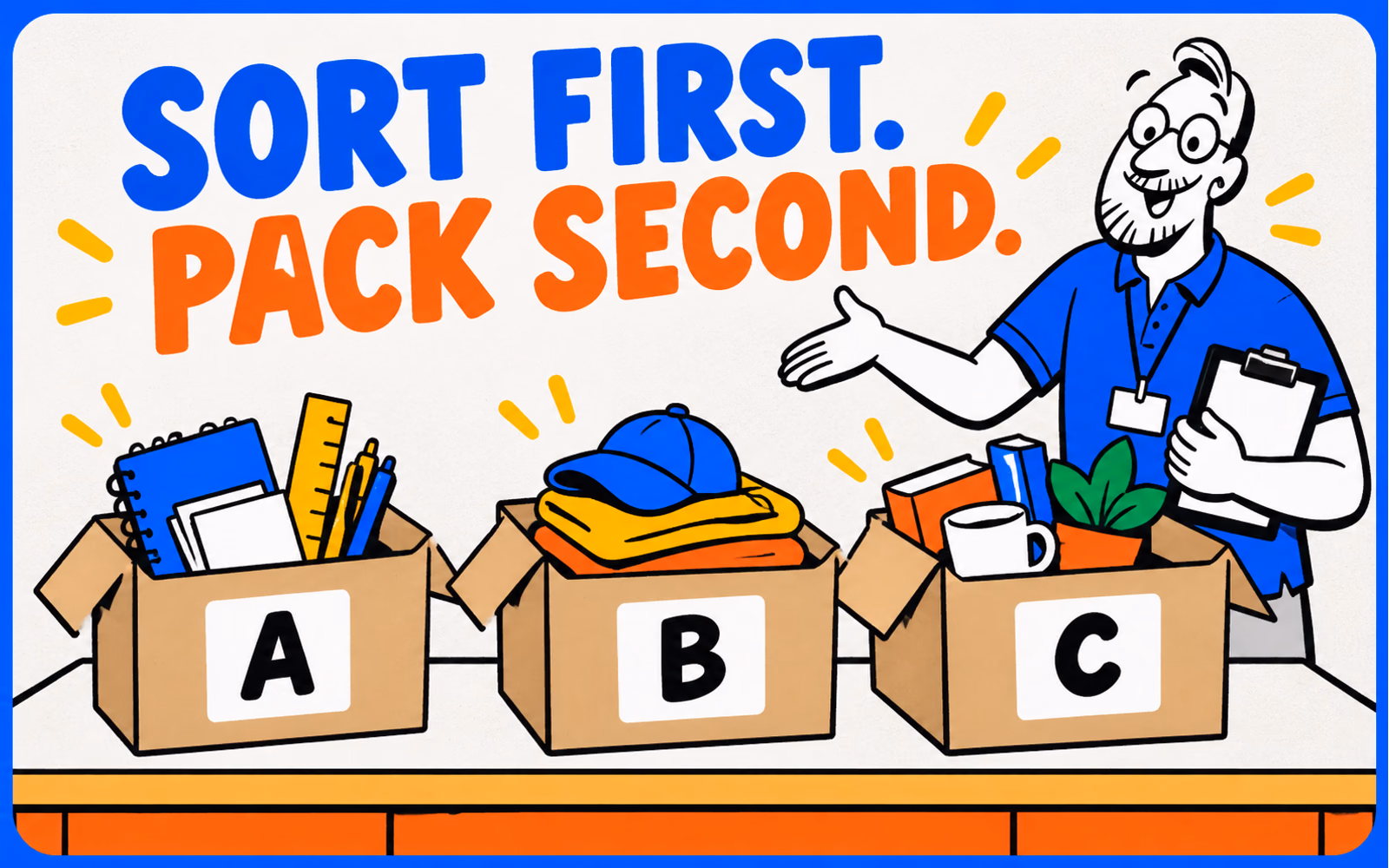 Cartoon seller organizes three separate fictional orders in neutral boxes marked A, B and C.