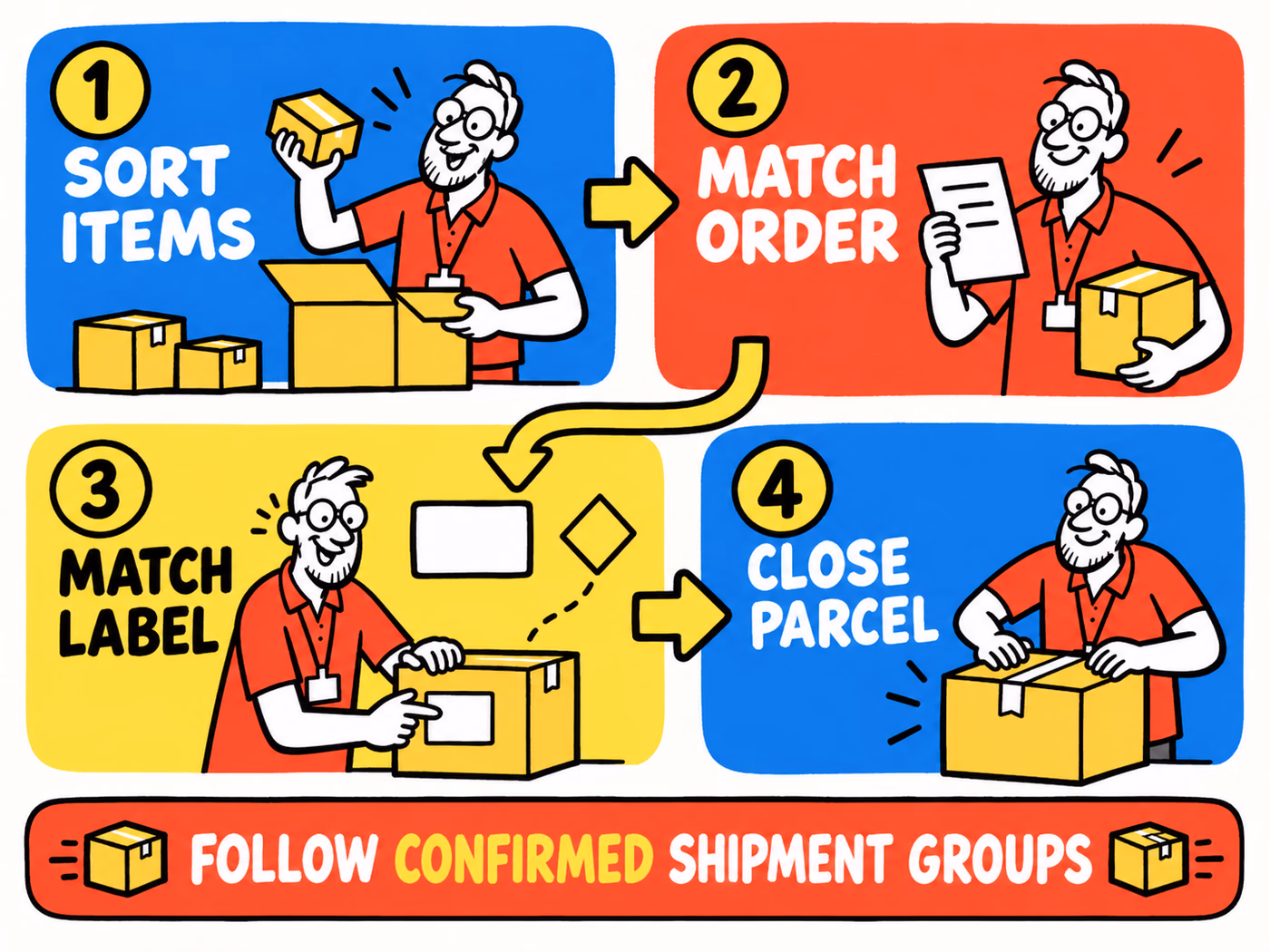Four-step order flow separates item sorting, order matching, label matching and parcel closure.