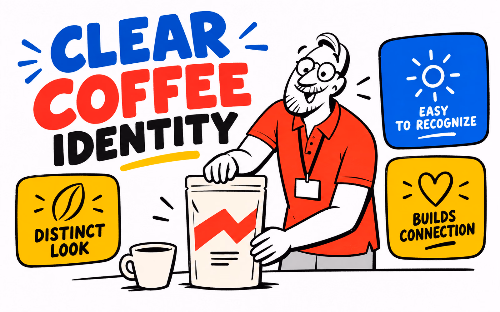 Cartoon roaster presents an original cream coffee pouch with a crimson zigzag mark beside a neutral cup in a blue and yellow workspace.