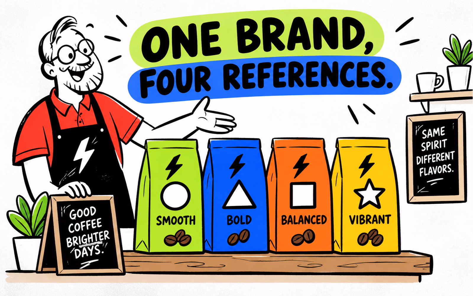 Cartoon shopkeeper arranges four original coffee pouches with a shared lightning mark and different geometric variant cues.