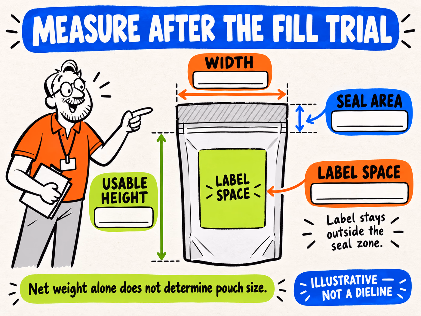 Sample pouch diagram identifies width, usable height, seal area, and label space using blank fields, explicitly marked as not a production dieline.