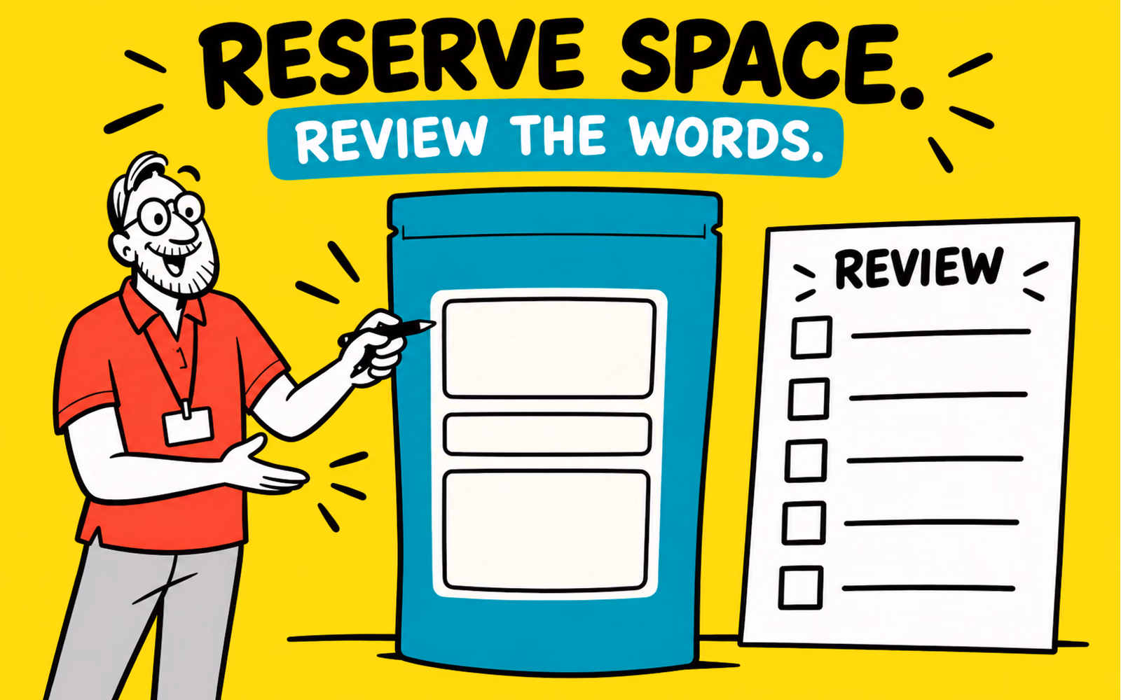 Cartoon roaster points to a fictional teal coffee pouch with three blank label zones beside an uncompleted review sheet.