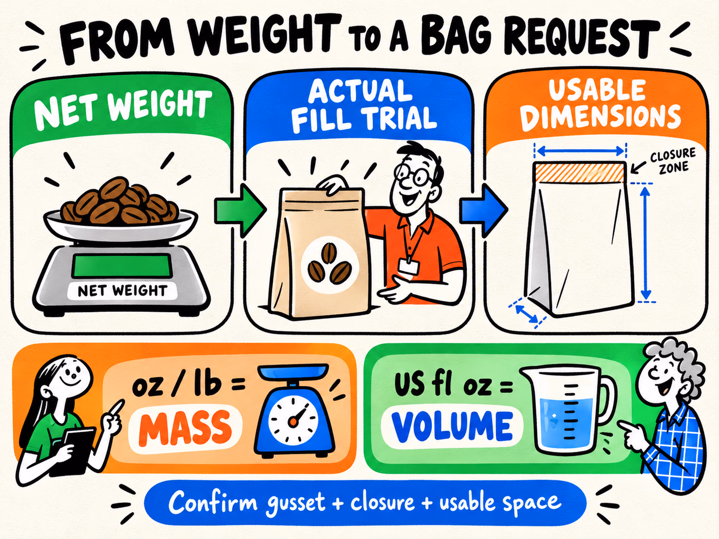 Flow moves from net weight to an actual fill trial to usable dimensions, with separate mass and US fluid-volume units and closure-zone questions.