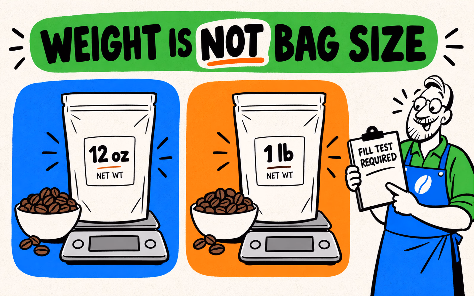 Two identical fictional pouch drawings labelled 12 oz Net Wt and 1 lb Net Wt sit beside bean samples and blank scales; a cartoon roaster holds Fill Test Required.