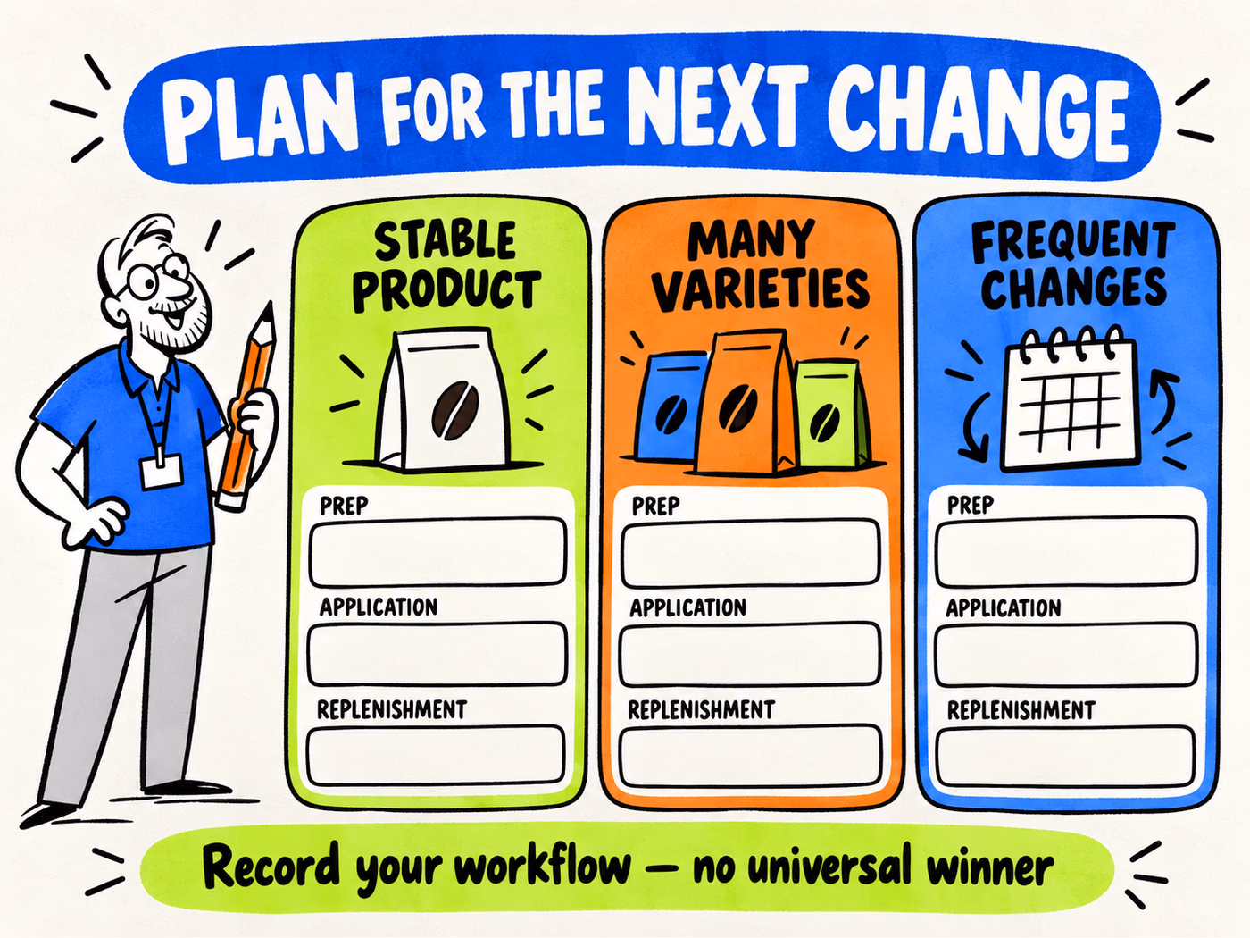Three blank workflow worksheets for stable products, many varieties, and frequent changes ask about preparation, application, and replenishment without a winner.