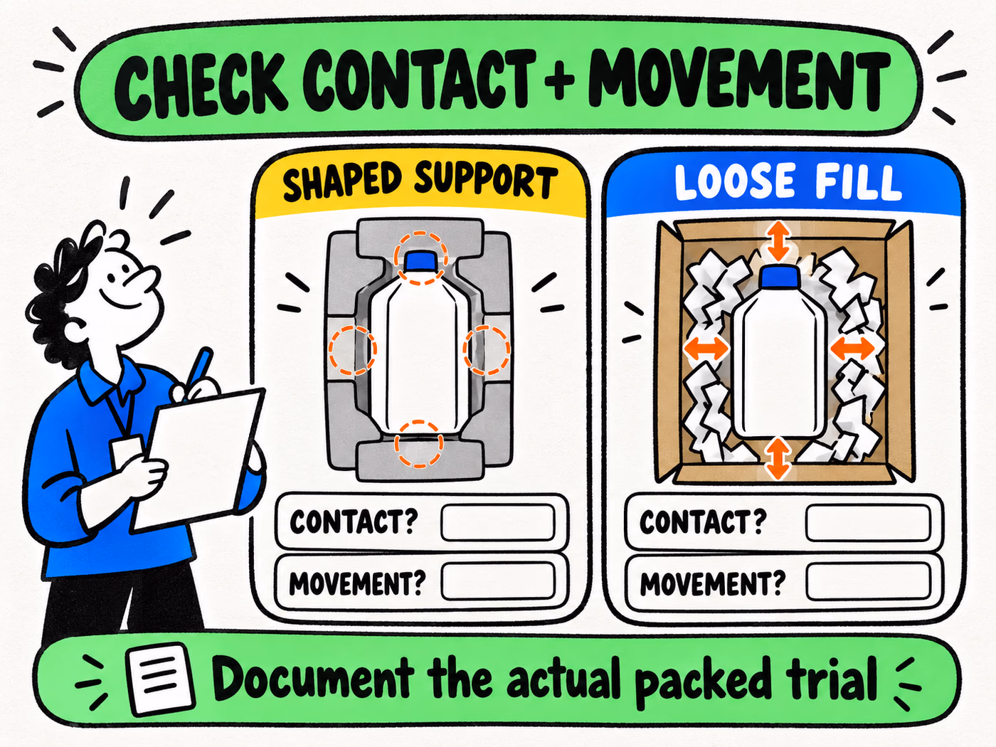 Side-by-side support concepts identify possible contact points and movement questions, with blank fields for an actual packed trial and no protection ratings.