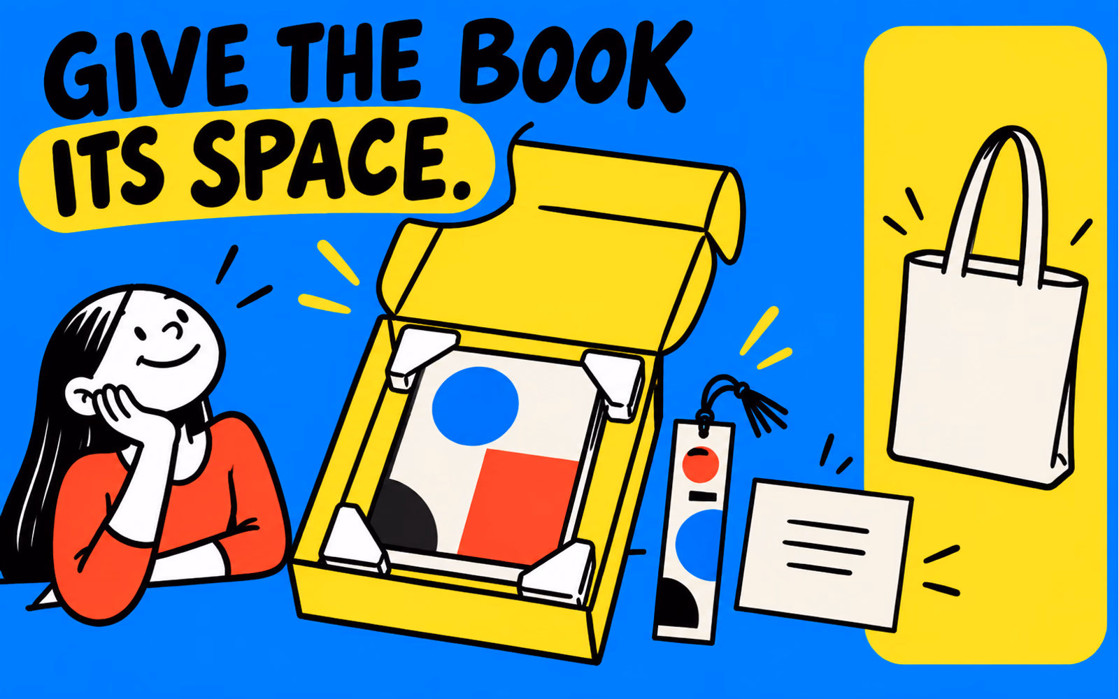 Cartoon reader beside an original fictional book in a bright box with conceptual corner supports, a bookmark, card and separate tote.