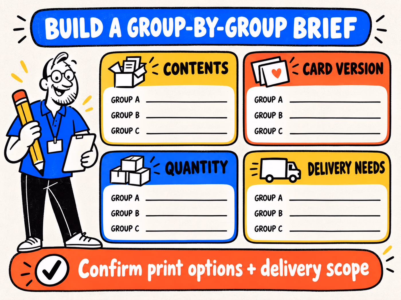 Blank group-by-group planning fields organize contents, card version, quantity, and delivery needs, with a reminder to confirm printing and delivery scope.