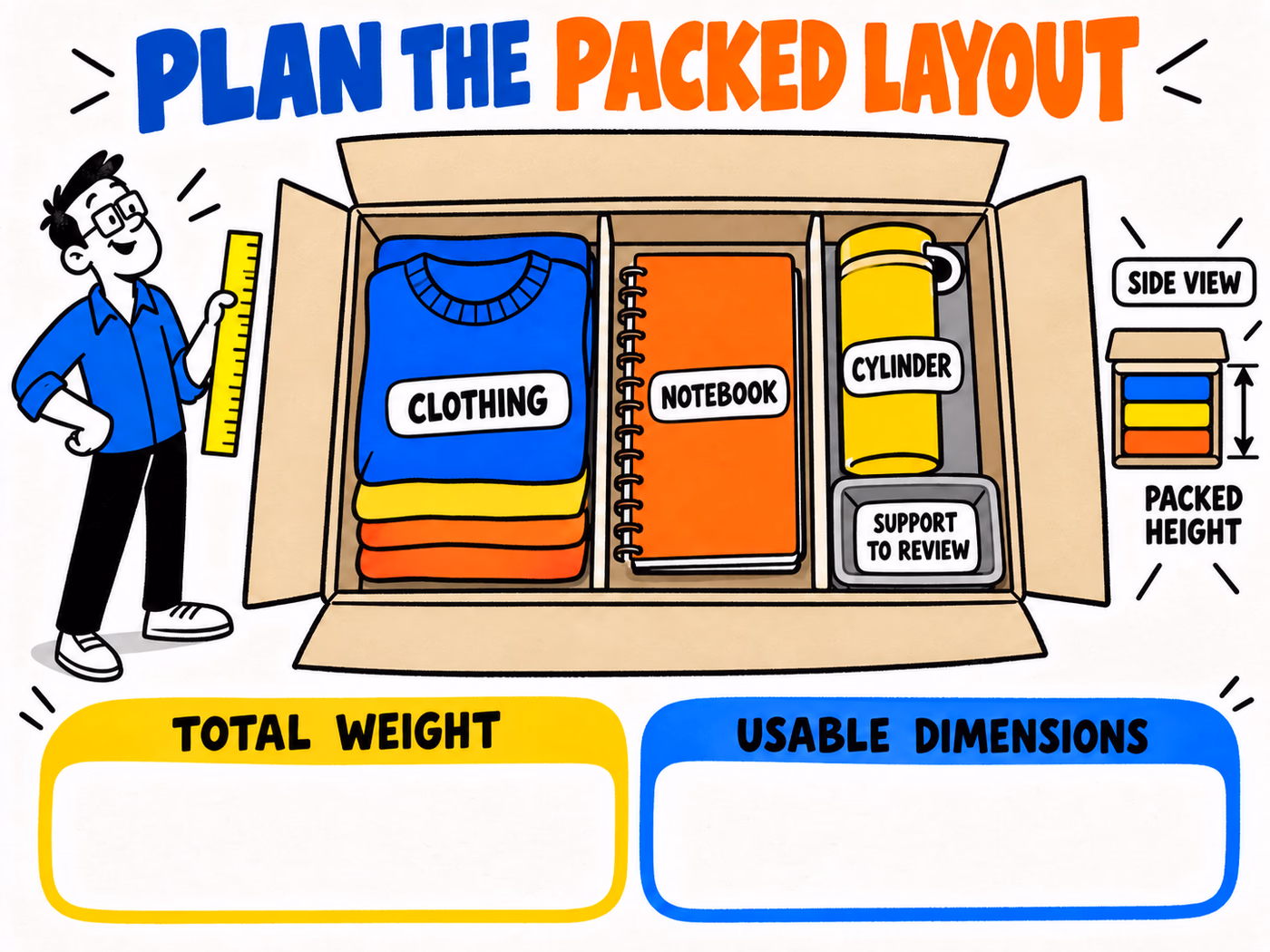 Welcome-kit layout marks clothing, notebook, cylinder, proposed support, packed height, and blank fields for total weight and usable dimensions.