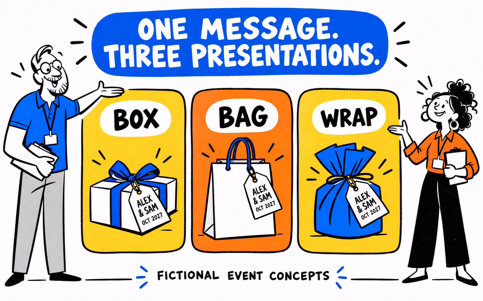 Three original wedding favor concepts show a box, paper bag and wrapped object with fictional Alex and Sam event tags, beside two cartoon planners.