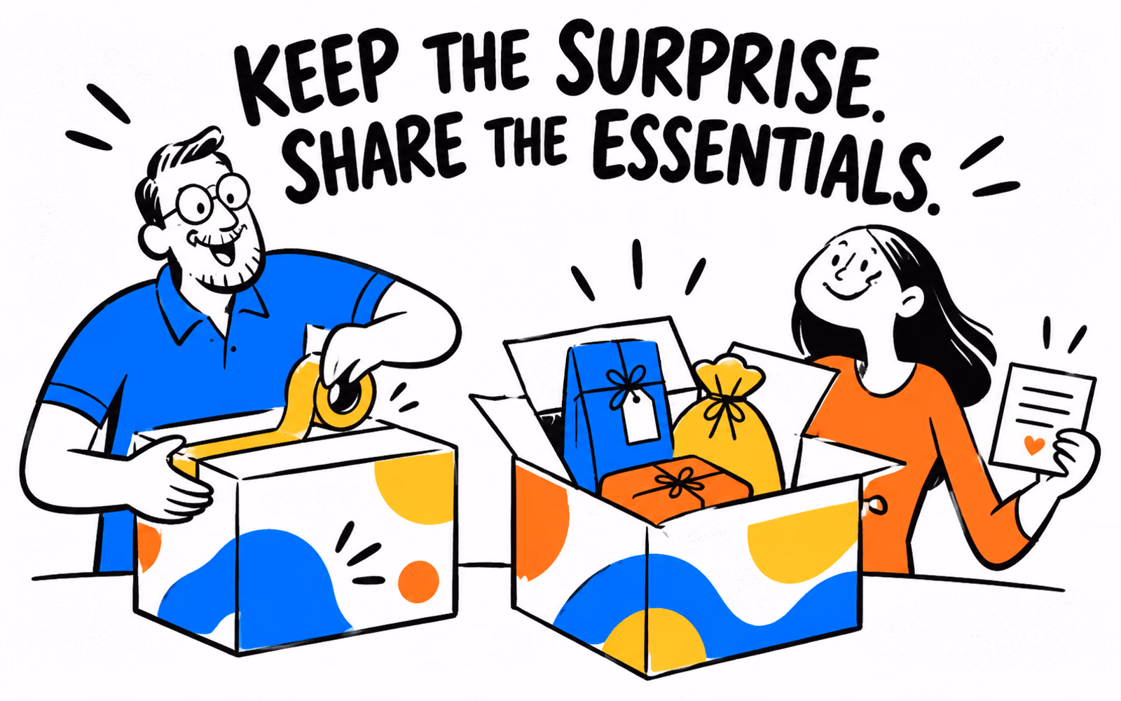 Original surprise-box concept shows a closed abstract-patterned box and an open box with separately wrapped generic items, beside two cartoon packers.