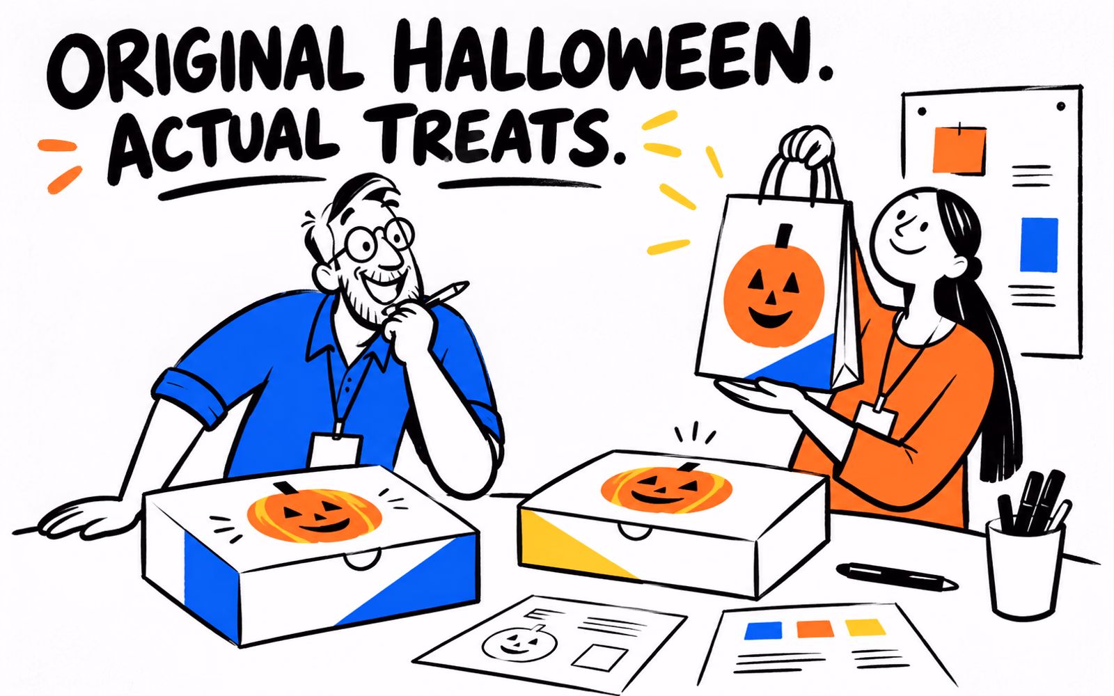 Original Halloween carton and paper-bag concepts carry simple pumpkins and geometric graphics, with two cartoon adult bakery planners.
