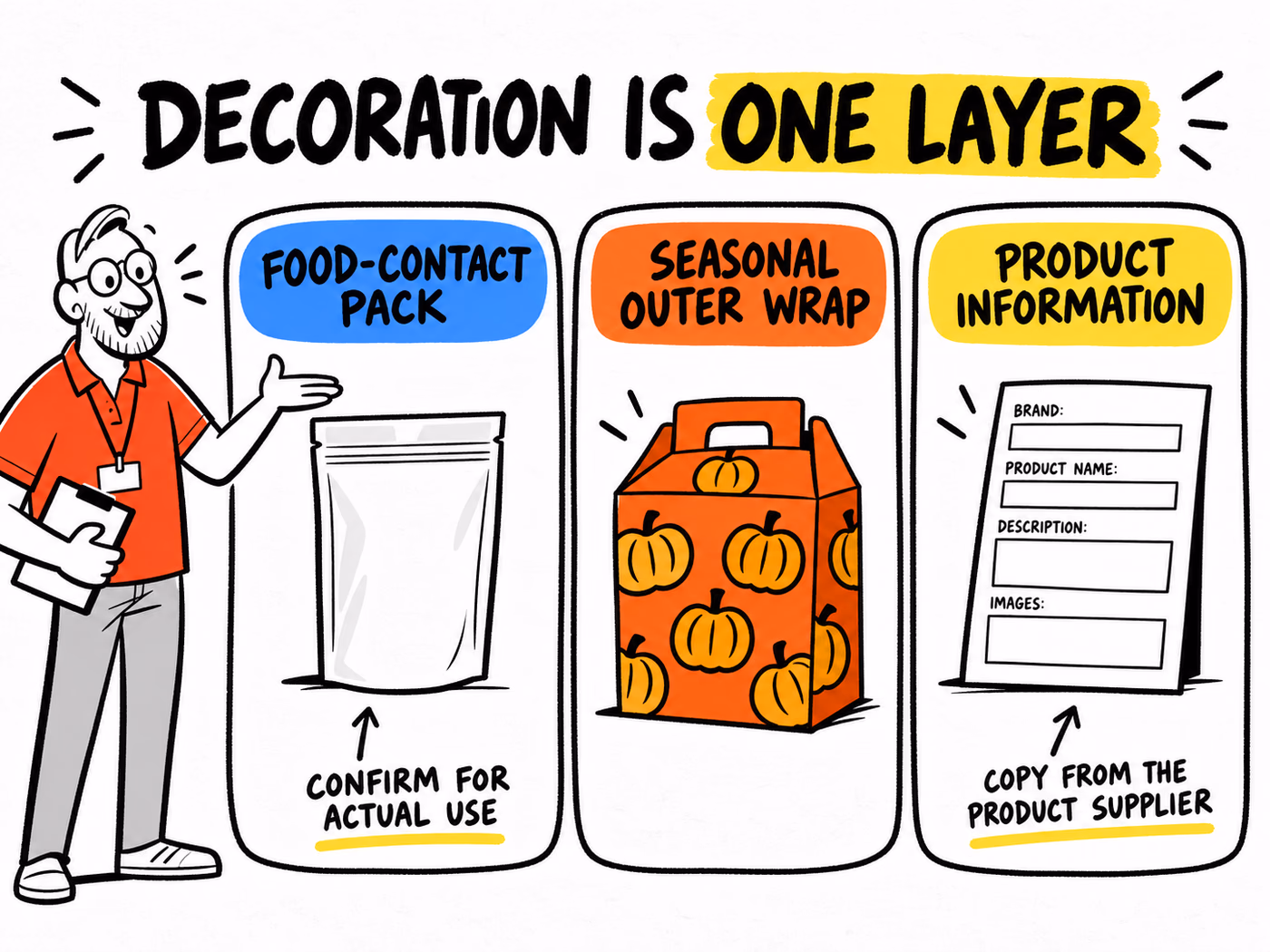 Layer diagram separates a food-contact pack to confirm, a seasonal decorative outer wrap and blank product-information fields.