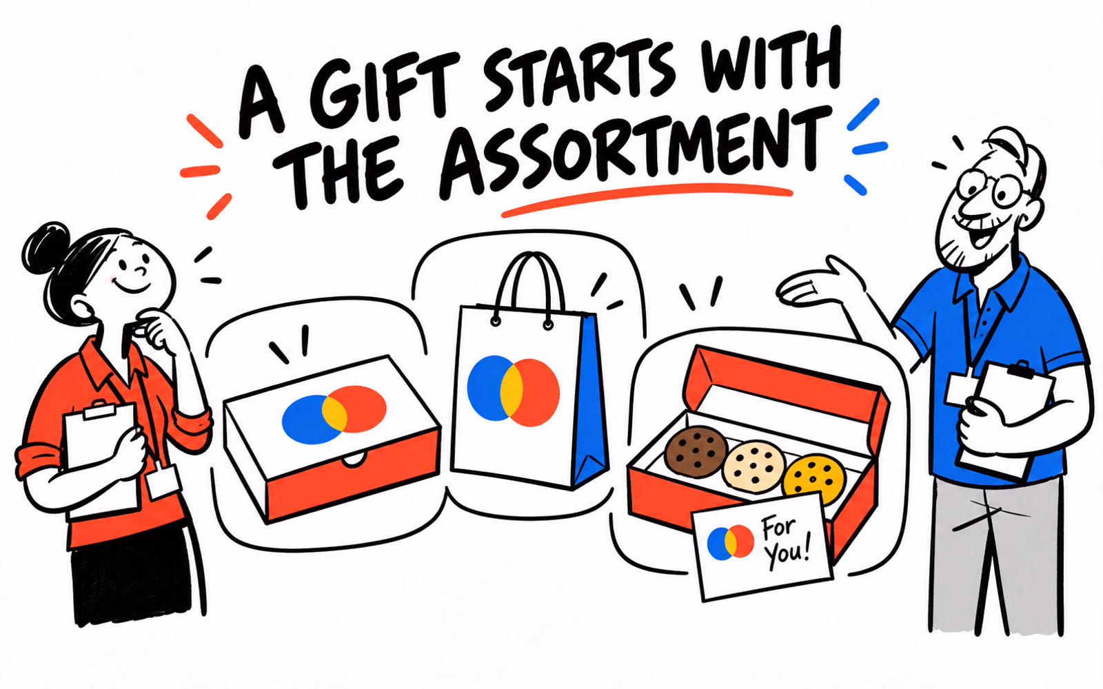 Three fictional Valentine bakery gifts use rectangular boxes and a paper bag with abstract red, blue and yellow graphics; one box shows simple cookie shapes.