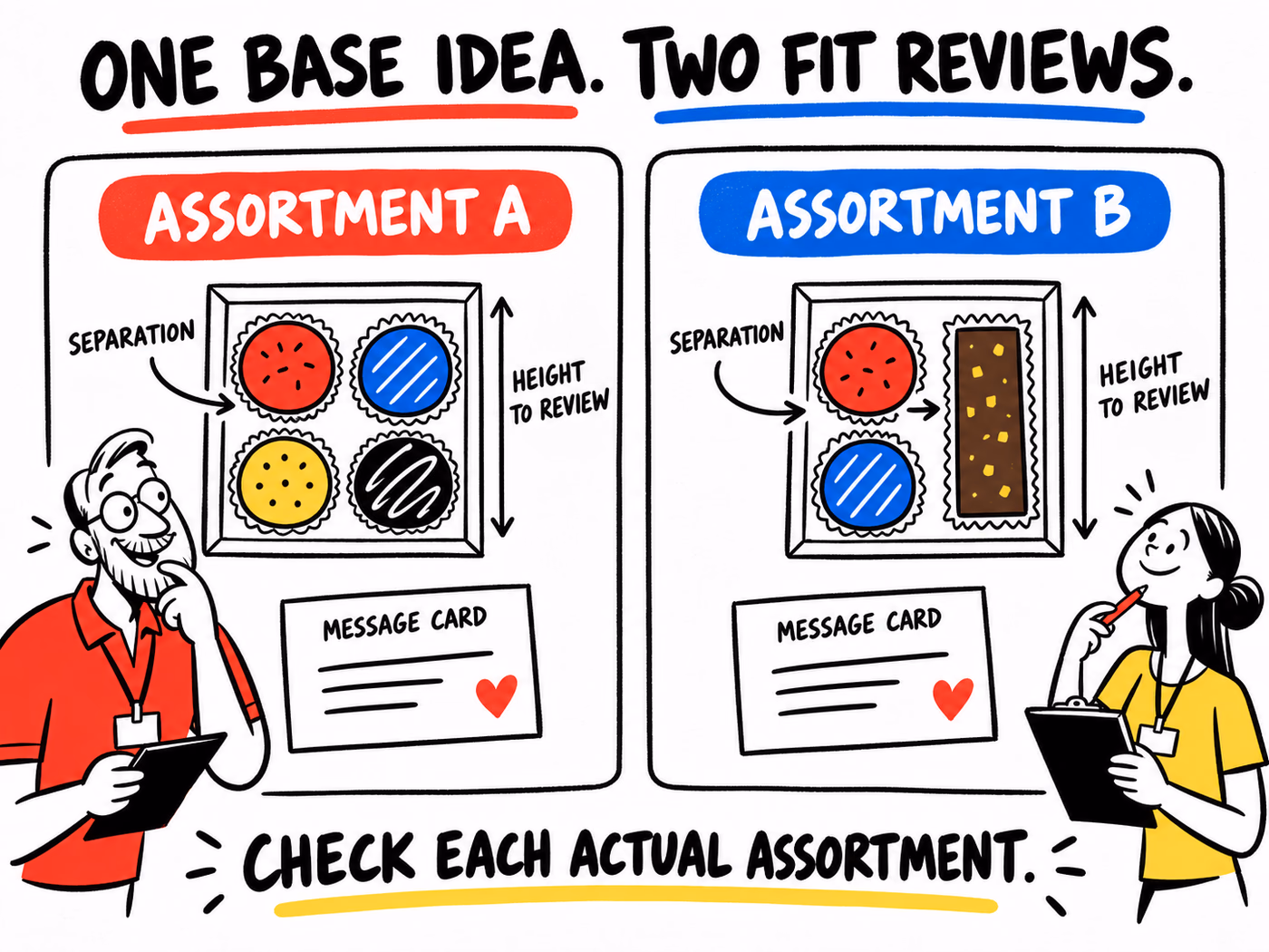 Two conceptual assortment layouts share a rectangular base idea but mark separation and height for separate review, beside a message-card icon.