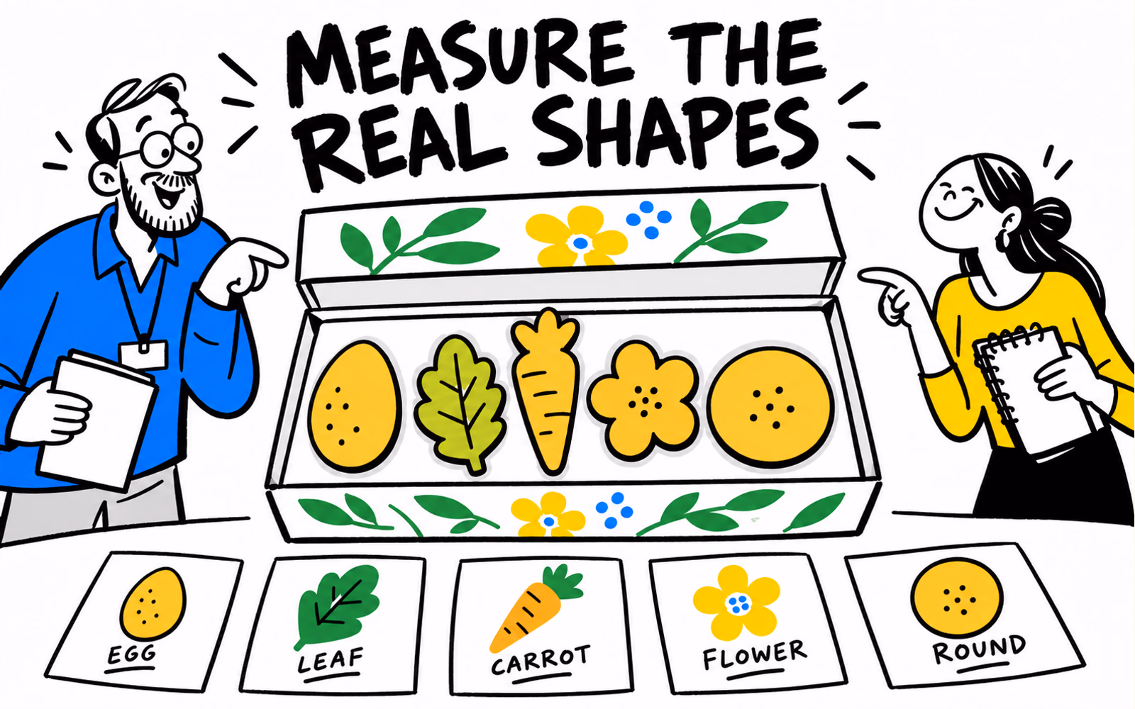 Original overhead spring-cookie concept separates oval, leaf, carrot, flower and round silhouettes in a rectangular box beside a botanical label.