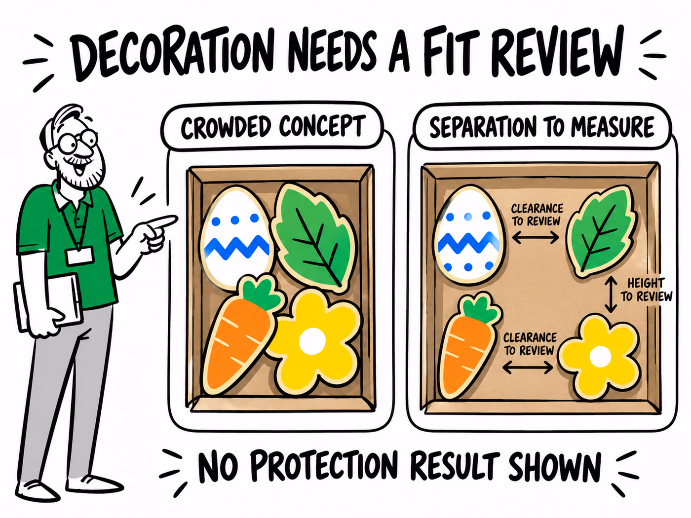 Crowded and separated cookie-layout concepts illustrate clearance and height questions for varied shapes, without measured values or protection results.