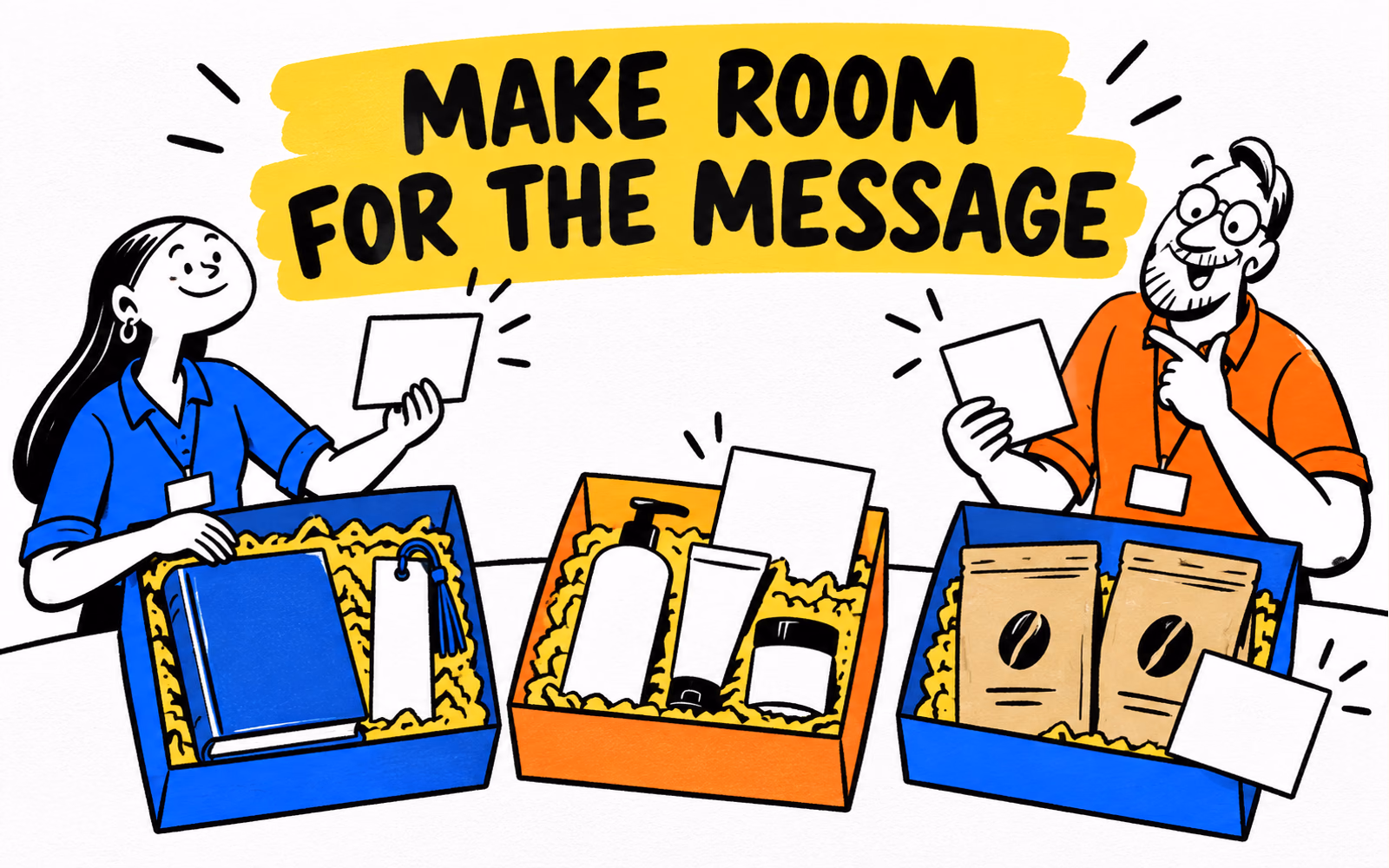 Three original book, cosmetics and coffee gift concepts have prominent blank message cards beside two cartoon packaging planners.