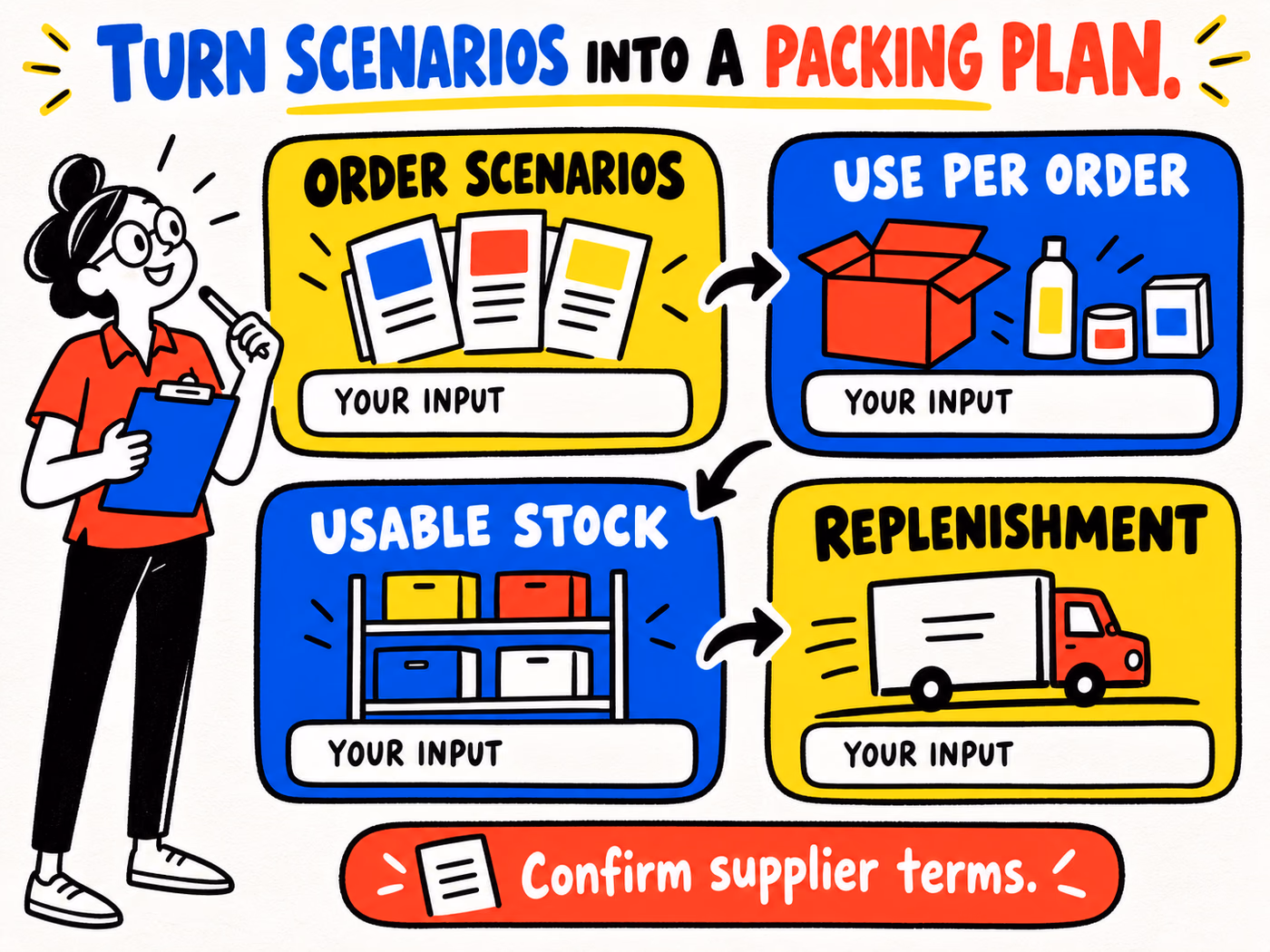 Blank planning flow connects order scenarios, use per order, usable stock, and replenishment, with supplier terms to confirm.