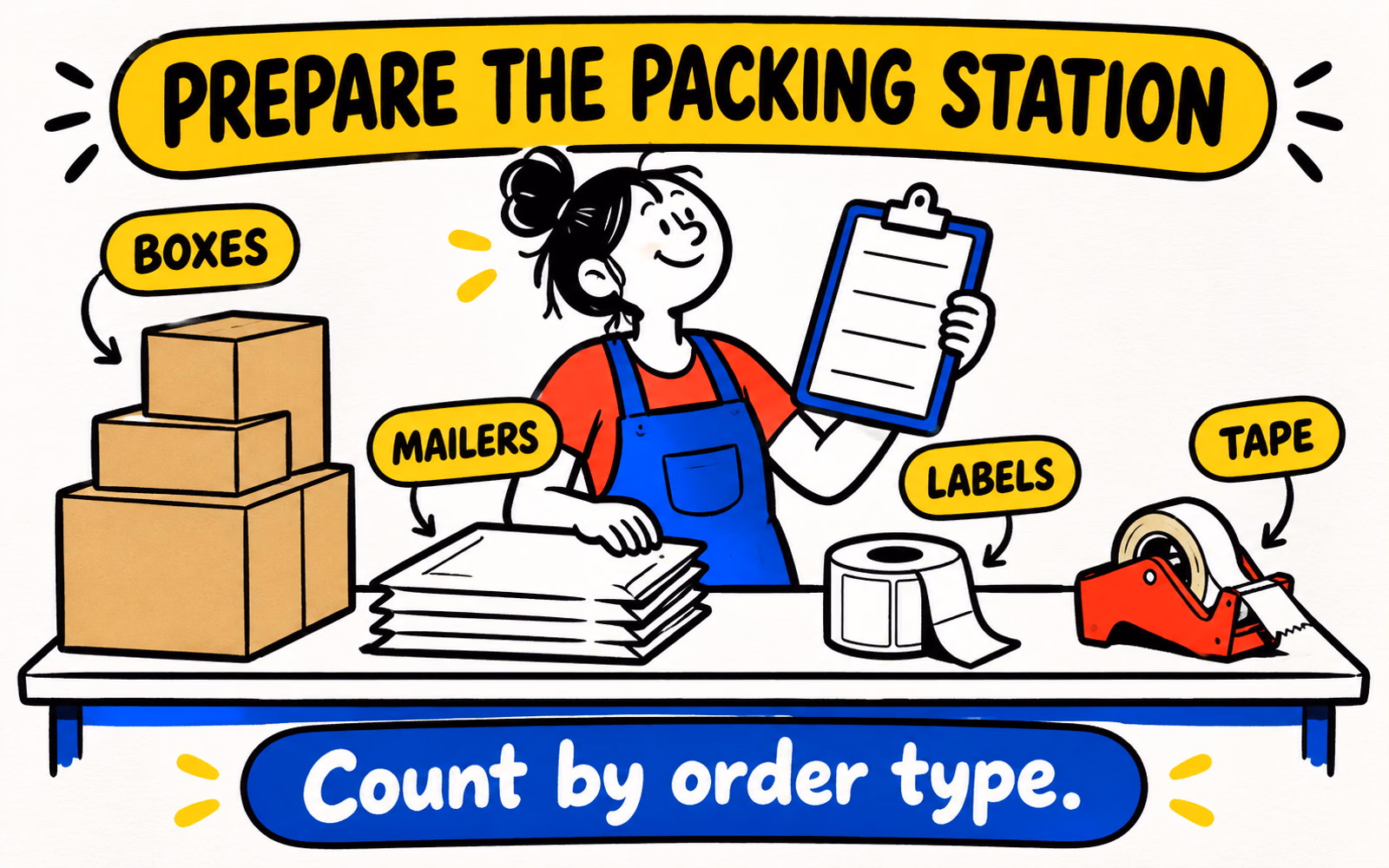 Cartoon packer at a tidy station with organized boxes, mailers, labels, tape, and a blank inventory sheet.
