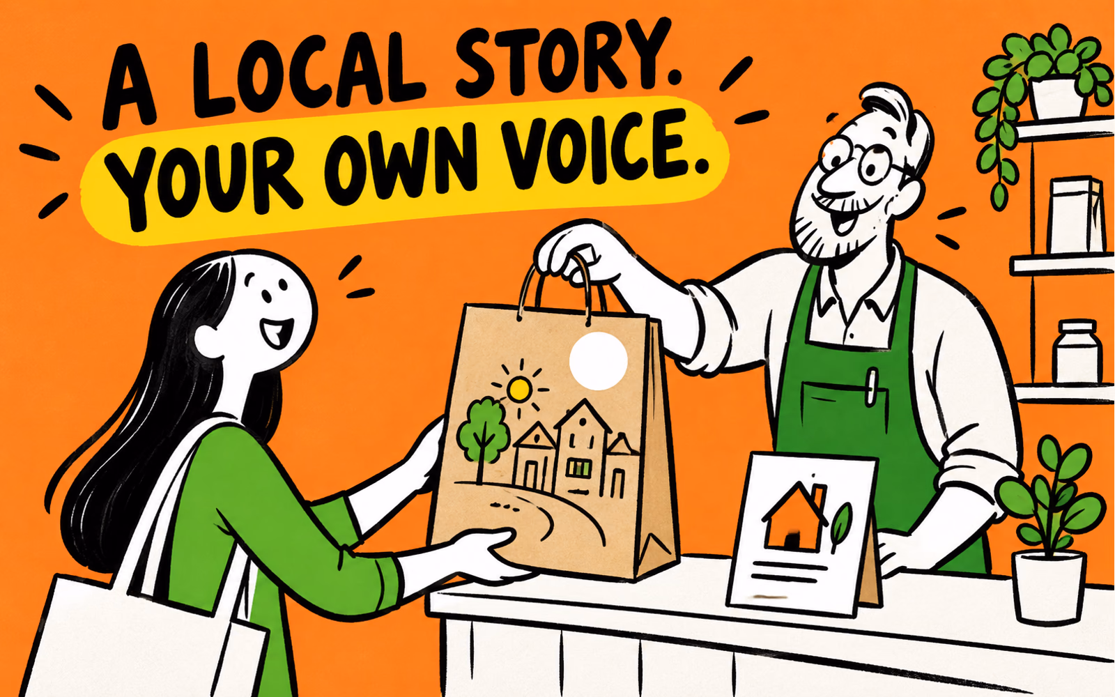 A fictional retail counter displays an original street-illustrated bag, a round label and a story card beside a cartoon shop owner and customer.
