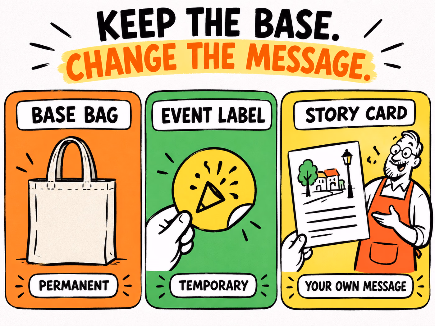 Three-panel retail packaging diagram separates a permanent base bag, temporary event label and original shop-story card.
