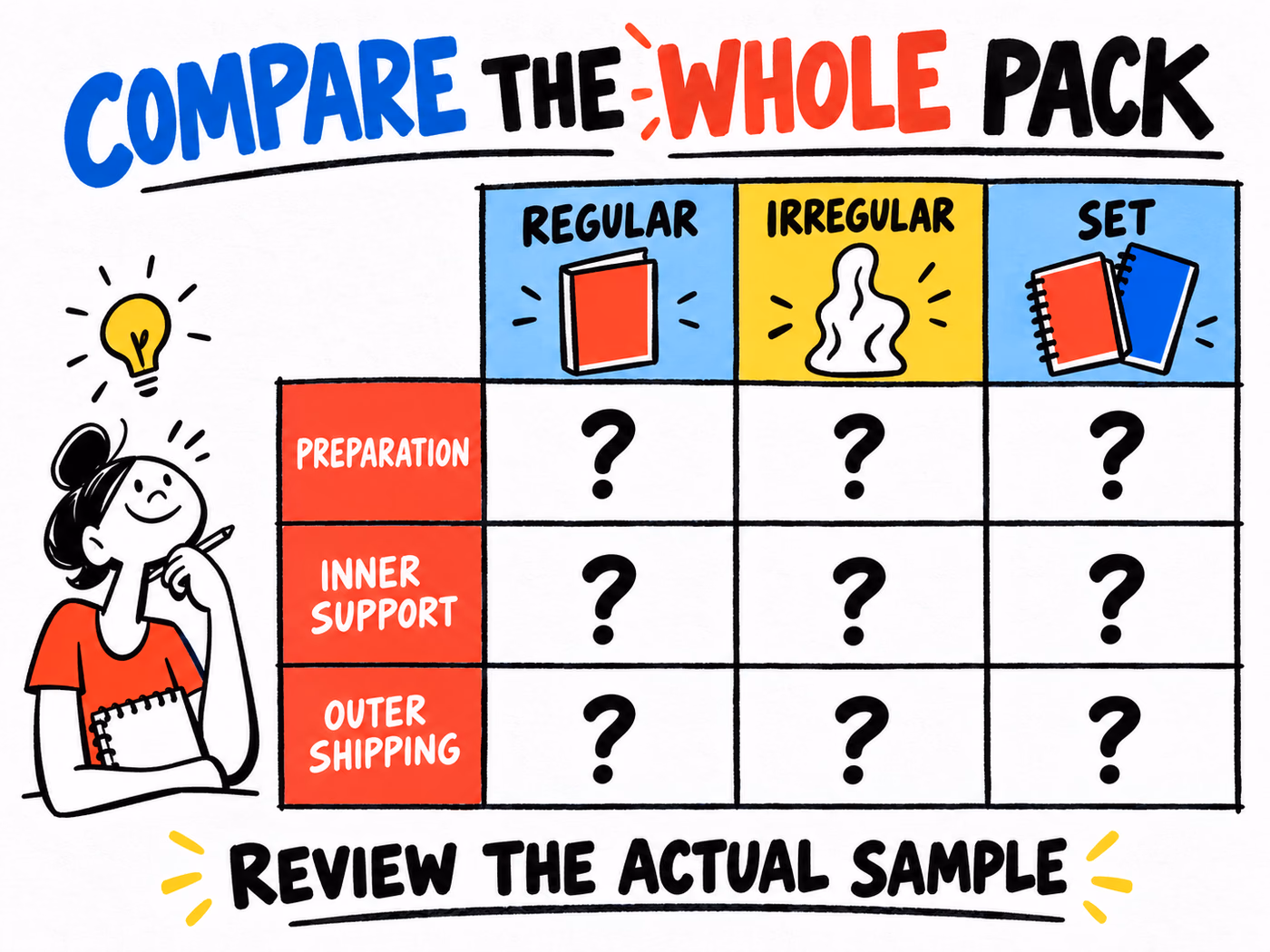 Gift comparison matrix prompts review of preparation, inner support and outer shipping for regular shapes, irregular shapes and sets.