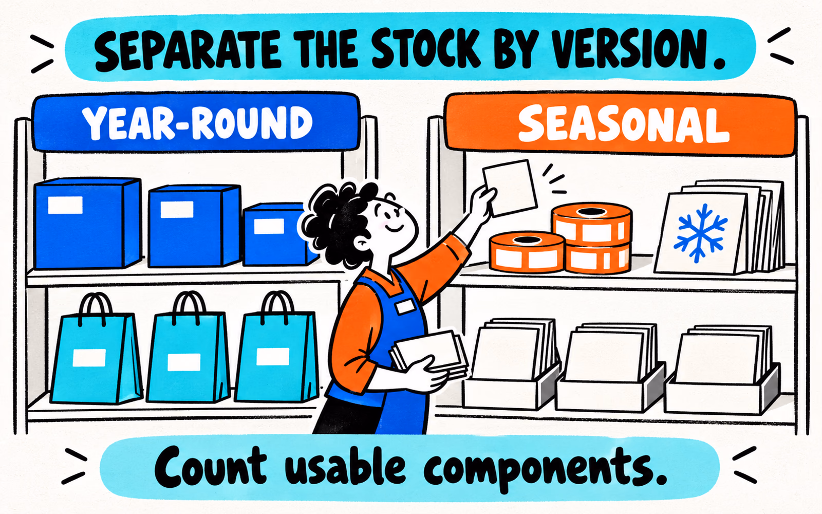 Cartoon inventory worker beside separate Year-round and Seasonal shelves holding plain boxes, paper bags, label rolls, and cards with blank stock labels.