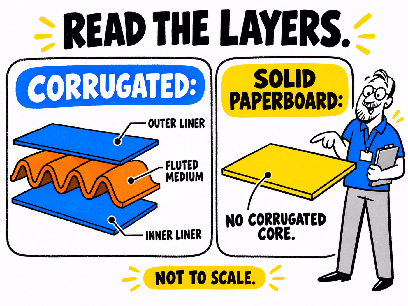 Not-to-scale exploded layers identify outer liner, fluted medium, and inner liner in a simplified corrugated construction, beside solid paperboard without a corrugated core.