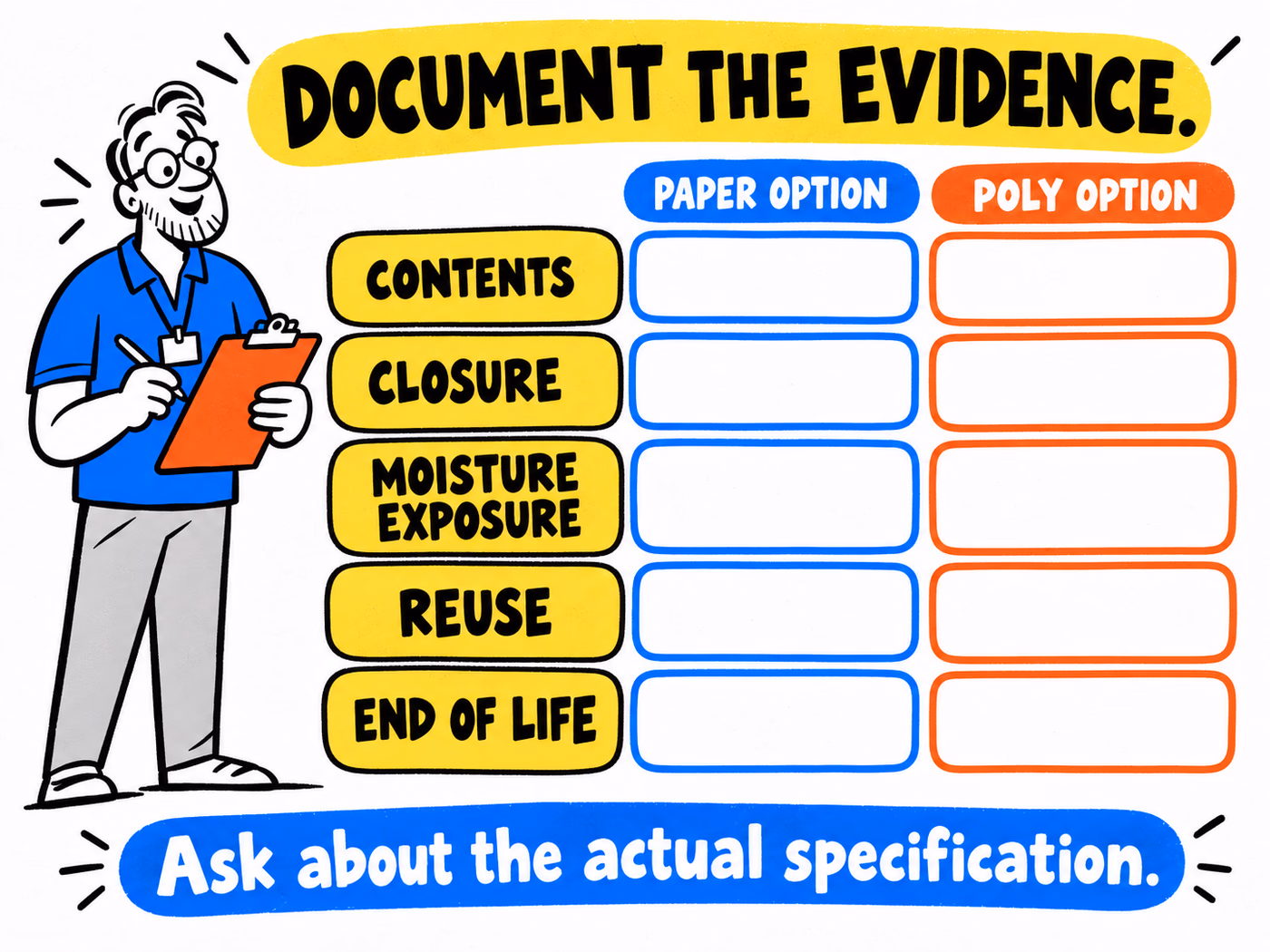 Blank evidence checklist compares paper and poly options across contents, closure, moisture exposure, reuse, and end of life without automatic scores.